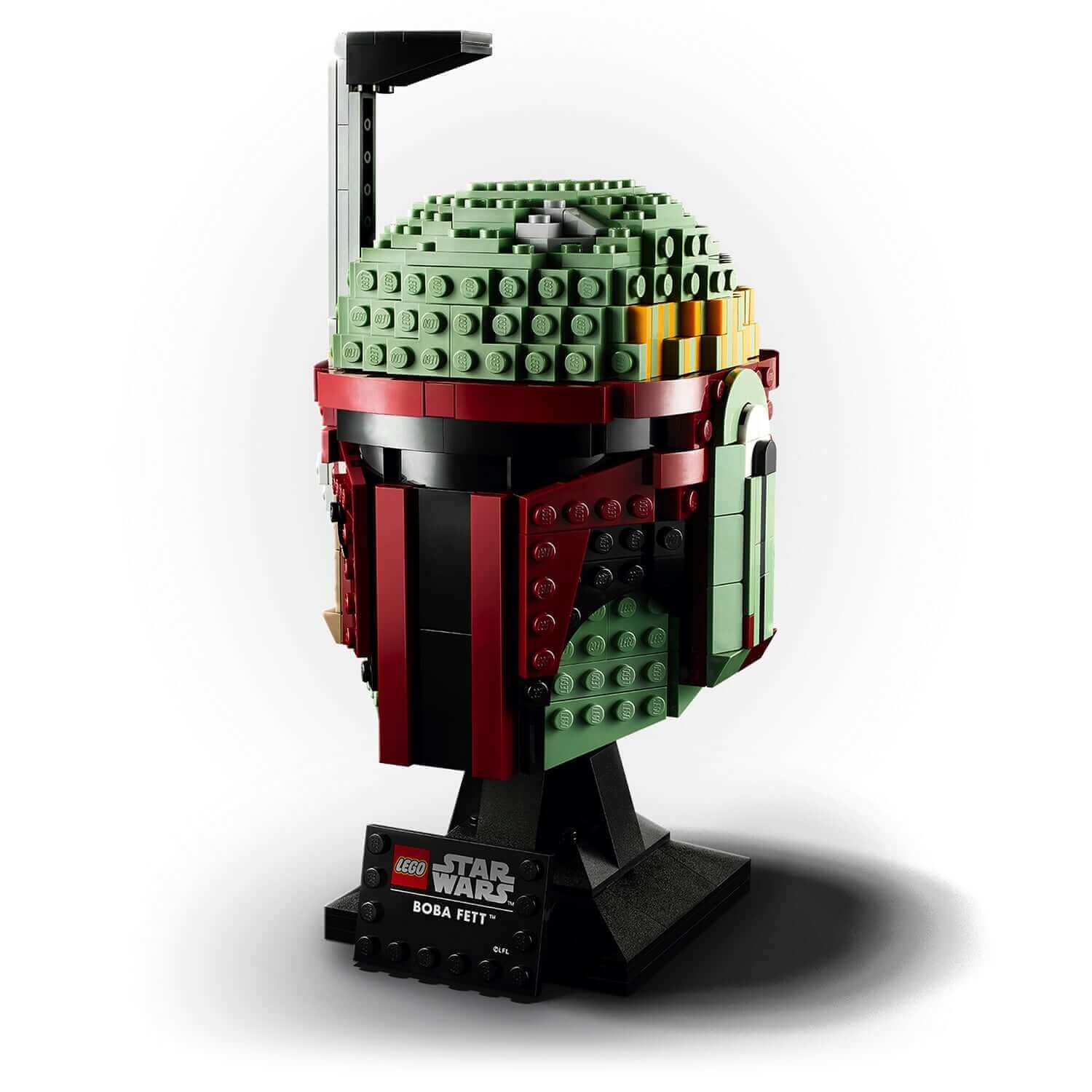 LEGO® Star Wars Boba Fett Helmet set 75277 showcased on a display stand, ideal for adult fans and builders.