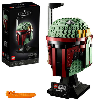 LEGO Star Wars Boba Fett Helmet building set 75277 with box and display stand, featuring 625 pieces for adult builders.