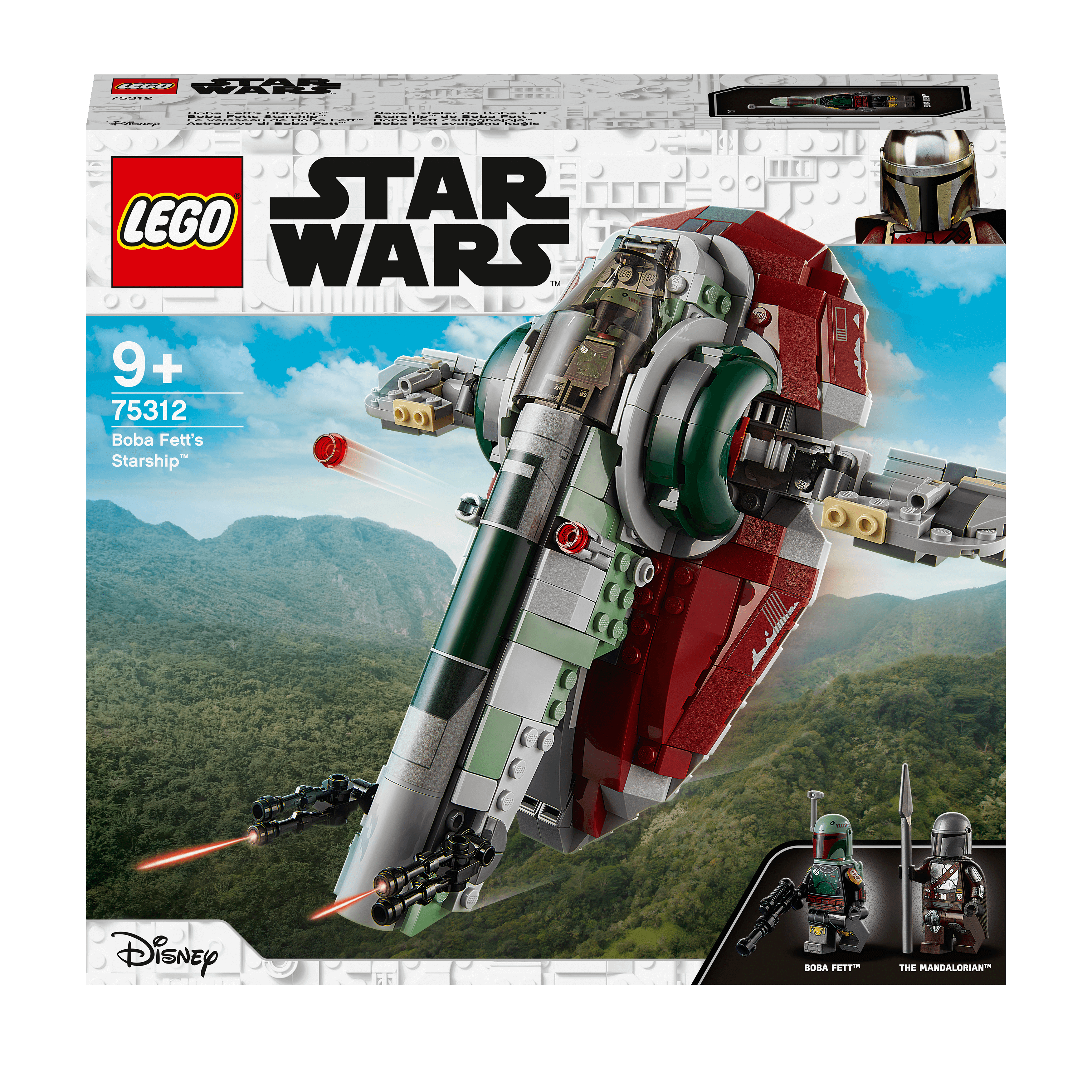 LEGO Star Wars Boba Fett’s Starship Set 75312 packaging featuring the iconic ship for ages 9+, ideal for play and display.