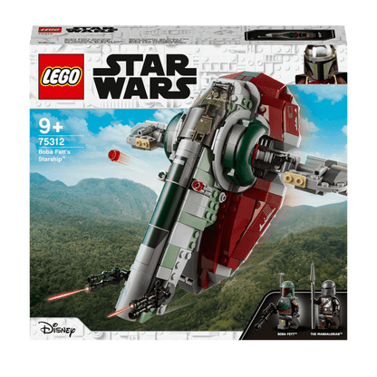 LEGO Star Wars Boba Fett’s Starship Set 75312 packaging featuring the iconic ship for ages 9+, ideal for play and display.