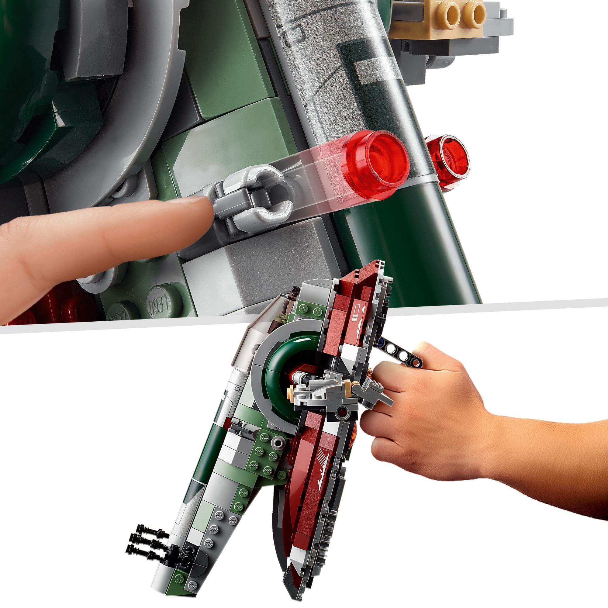 Hands showcasing features of LEGO® Star Wars Boba Fett’s Starship Set 75312, highlighting play and display capabilities.