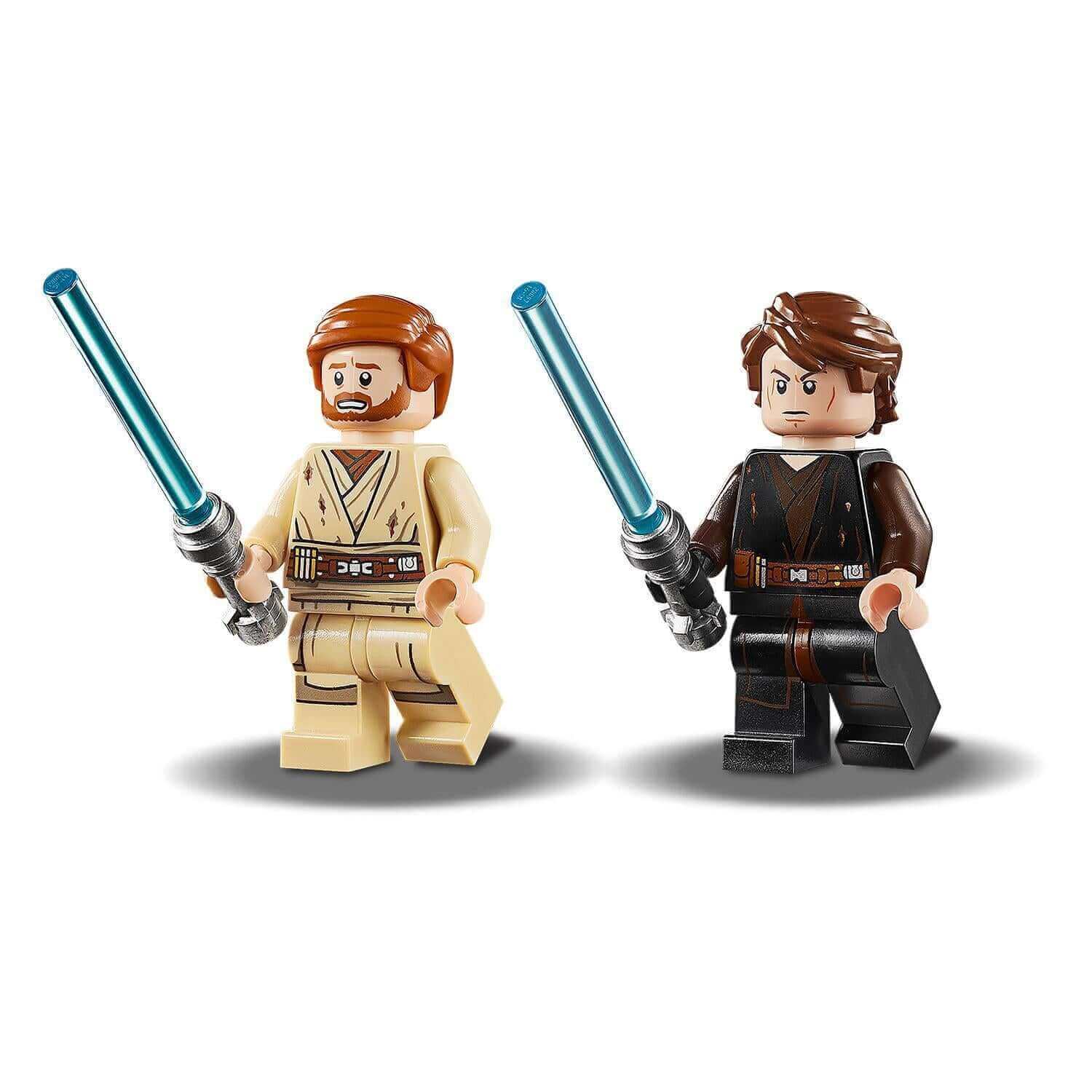LEGO Star Wars Obi-Wan Kenobi and Anakin Skywalker minifigures with lightsabers from Duel on Mustafar playset.