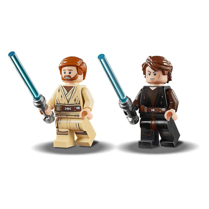 LEGO Star Wars Obi-Wan Kenobi and Anakin Skywalker minifigures with lightsabers from Duel on Mustafar playset.