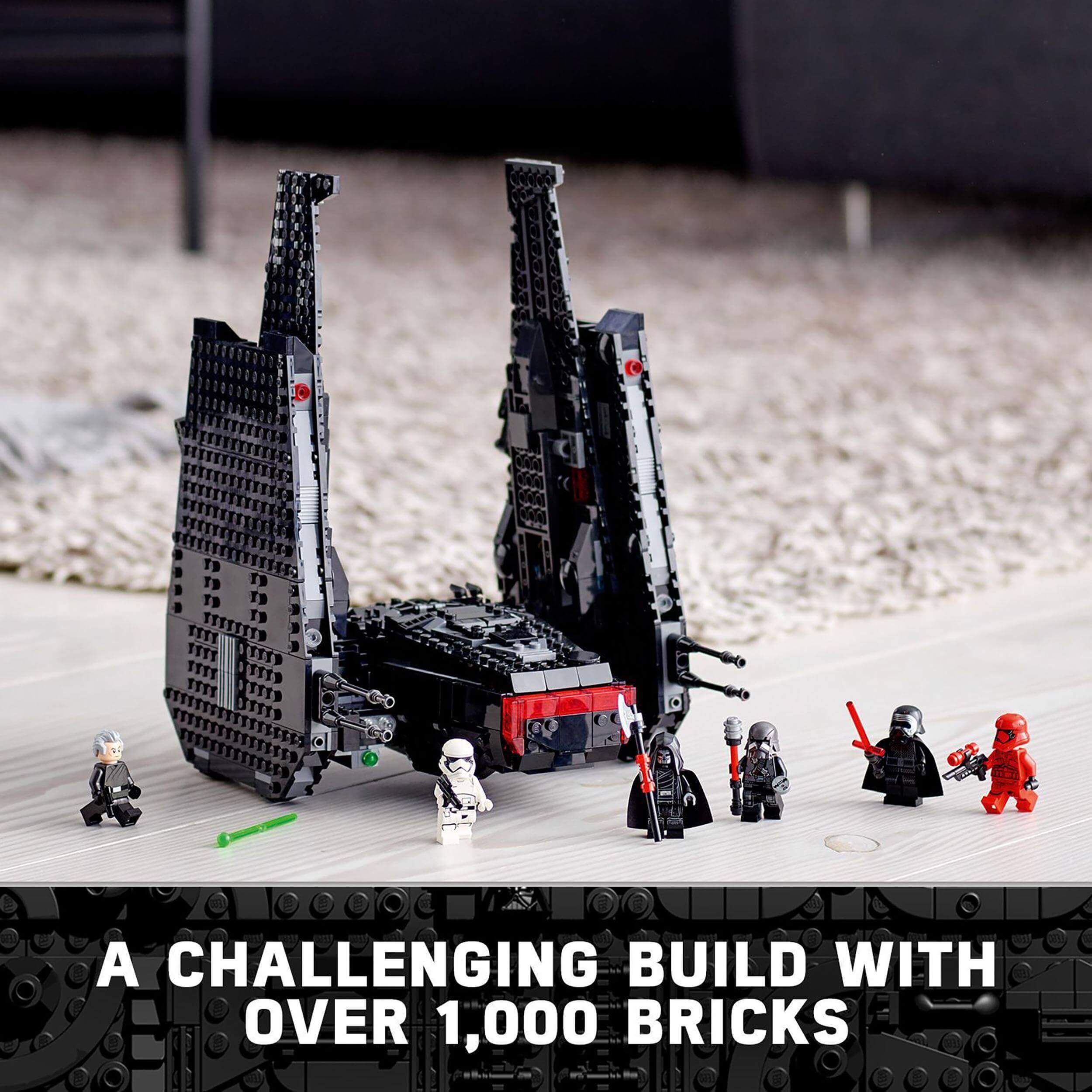 LEGO Star Wars Kylo Ren's Shuttle set 75256 with over 1000 bricks, featuring iconic characters from The Rise of Skywalker.