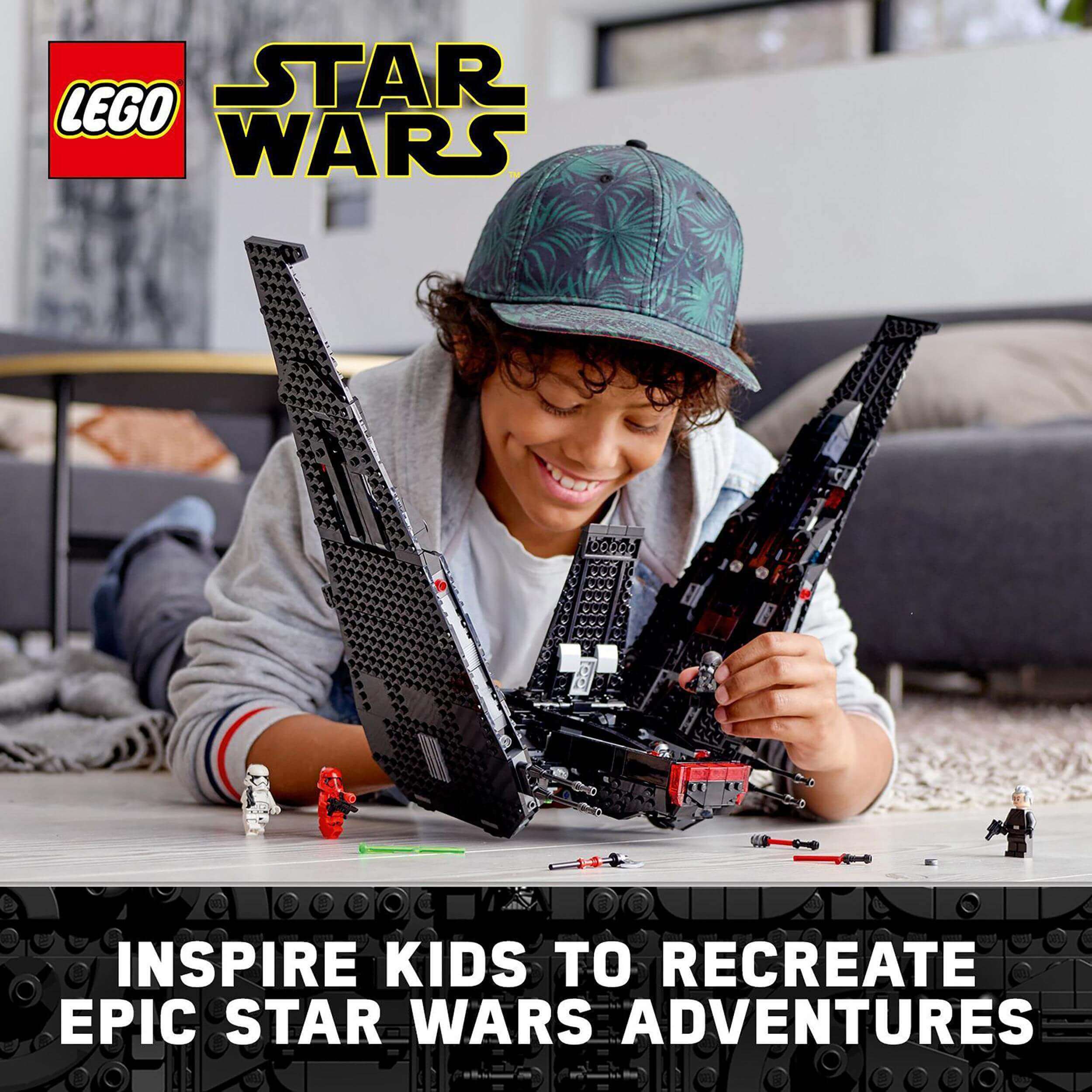 Child building LEGO Star Wars Kylo Ren’s Shuttle set, promoting creativity and fun in epic adventures.