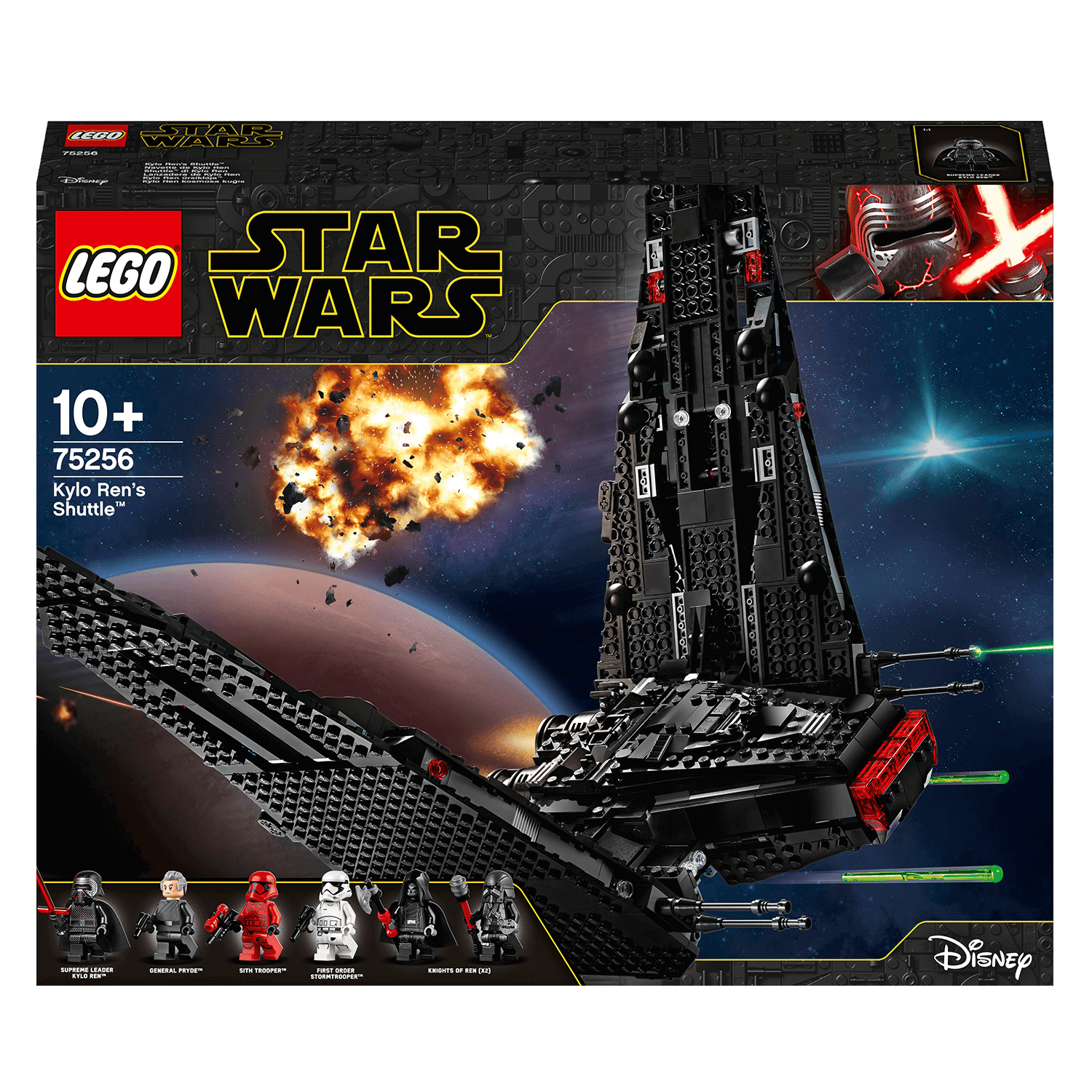LEGO Star Wars Kylo Ren’s Shuttle Set 75256 with detailed images of the starship and characters from The Rise of Skywalker.