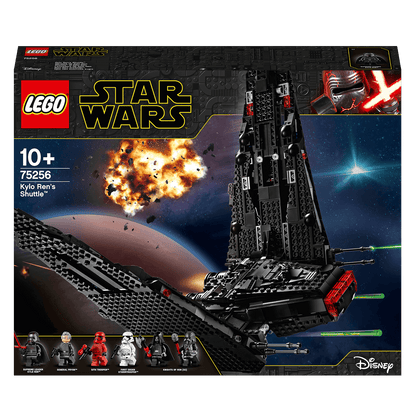 LEGO Star Wars Kylo Ren’s Shuttle Set 75256 with detailed images of the starship and characters from The Rise of Skywalker.