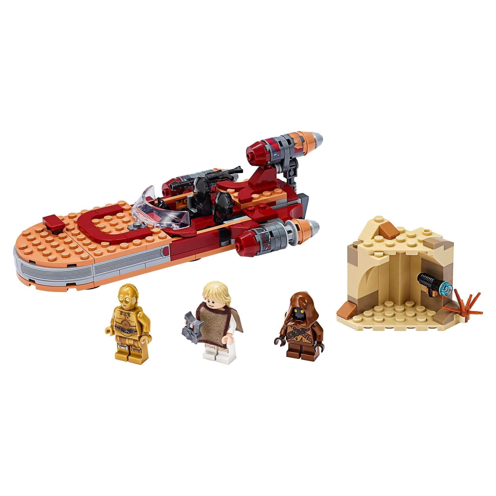 LEGO Star Wars Luke Skywalker Landspeeder 75271 with C-3PO and characters in Tatooine desert scene.