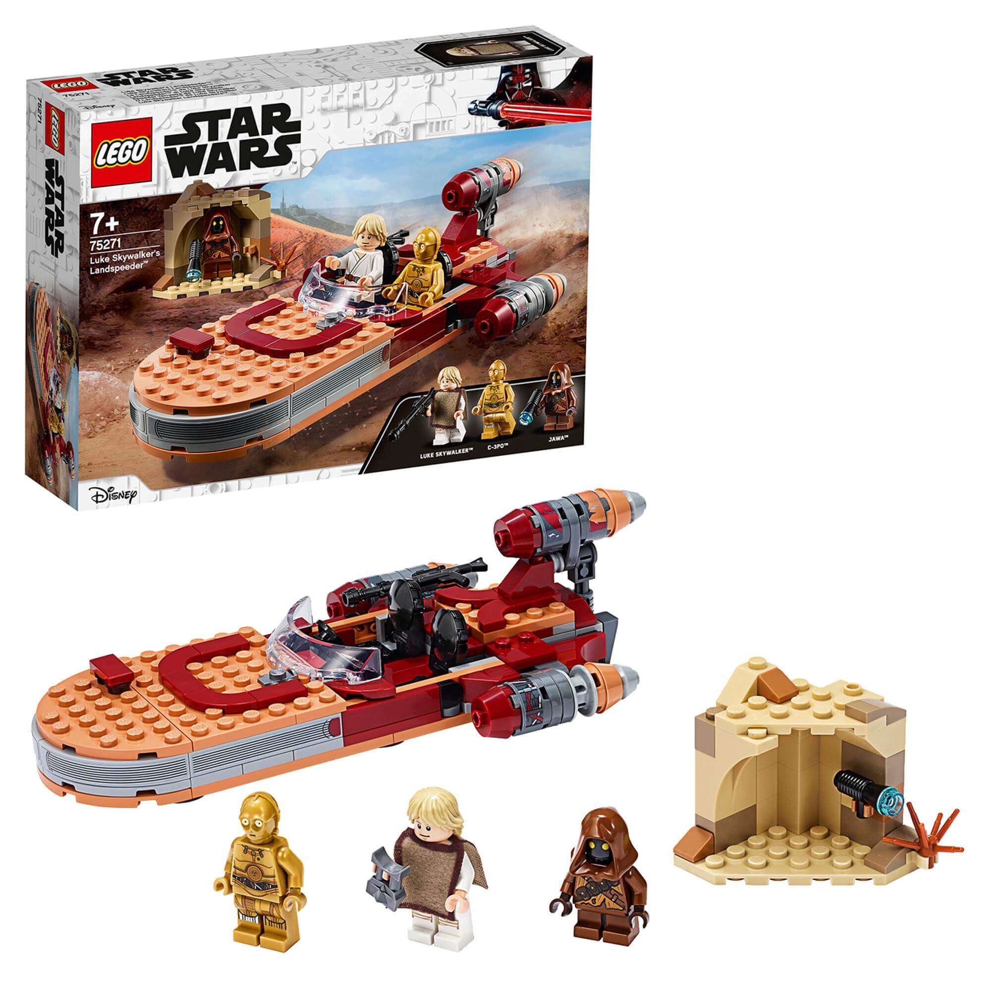 LEGO® Star Wars Luke Skywalker Landspeeder 75271 with figures of Luke, C-3PO, and a Jawa, set against the Tatooine desert.