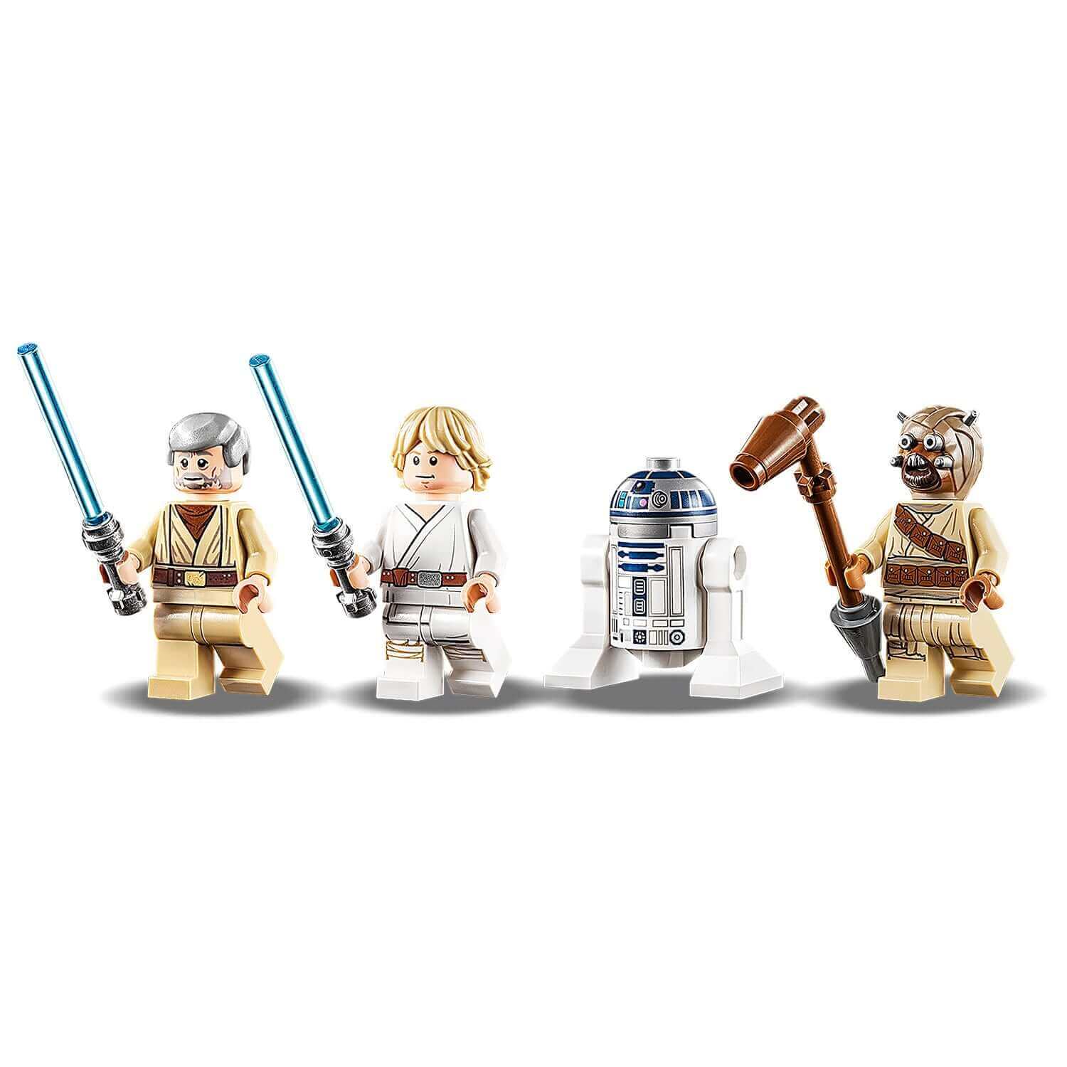 LEGO Star Wars minifigures including Obi-Wan, Luke, R2-D2, and a Tusken Raider from Obi-Wan's Hut Playset 75270.