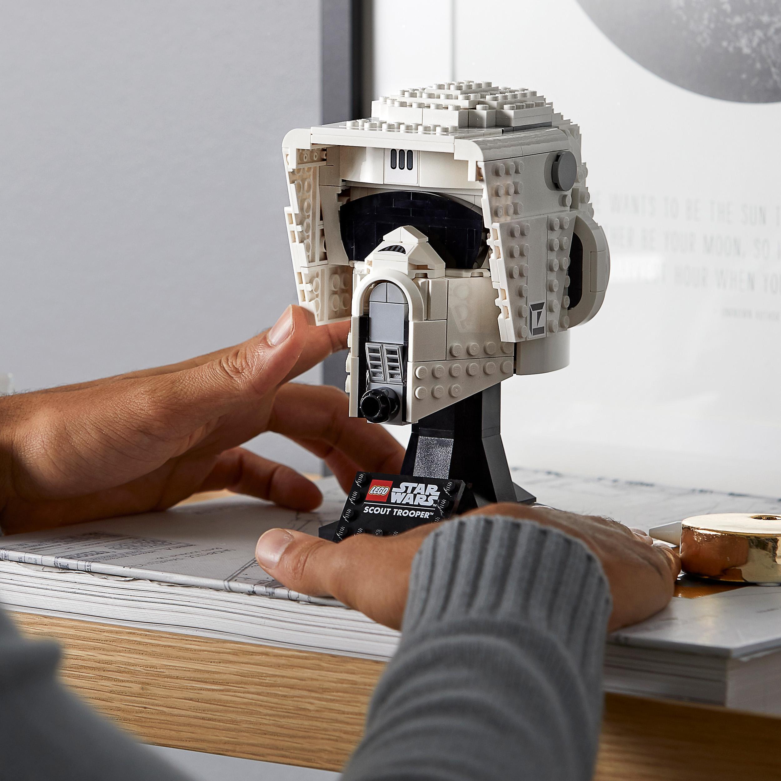 LEGO® Star Wars Scout Trooper Helmet 75305 set on display, showcasing detailed craftsmanship and collectible design for adults.