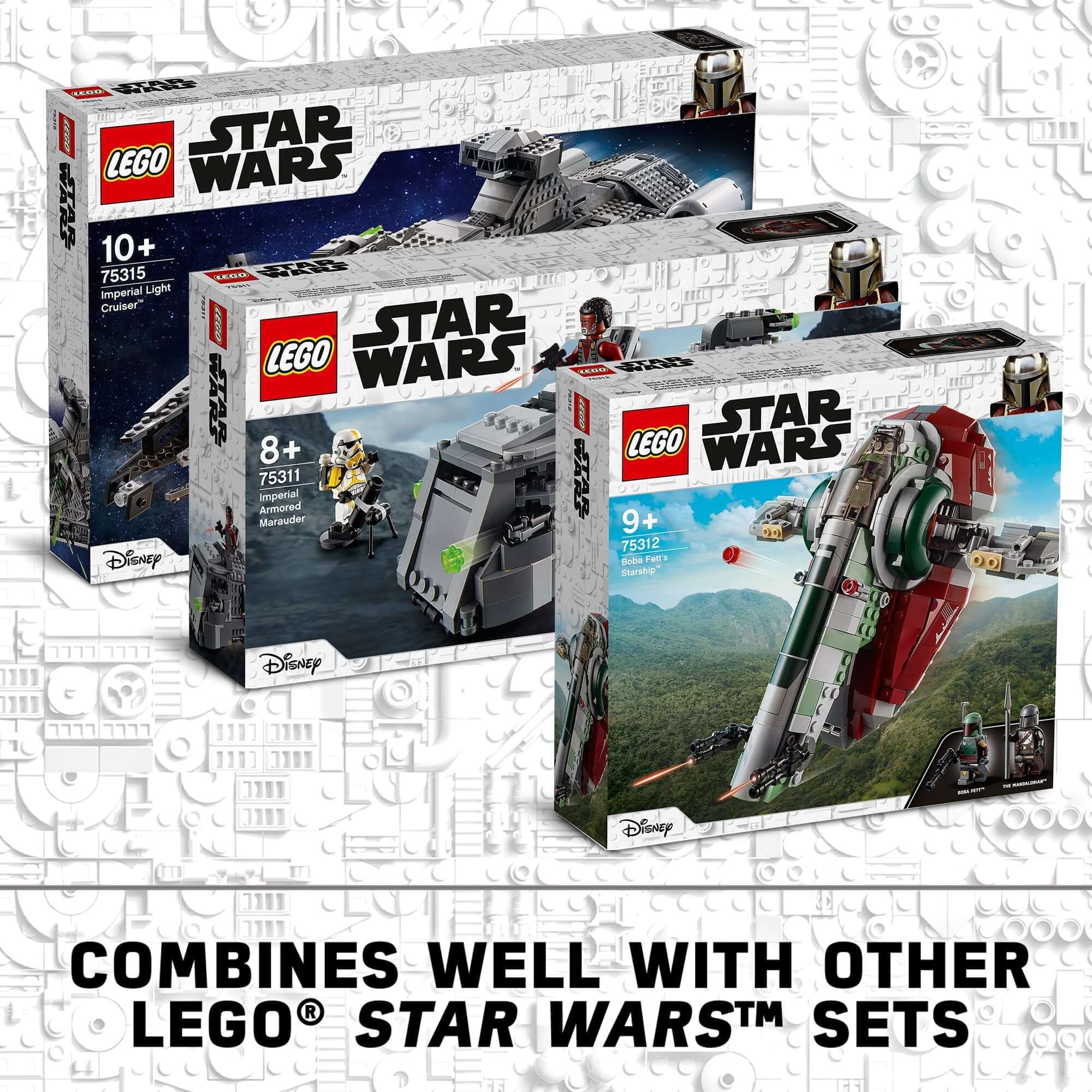 LEGO® Star Wars sets including Boba Fett’s Starship, designed for fans to combine and display in play.