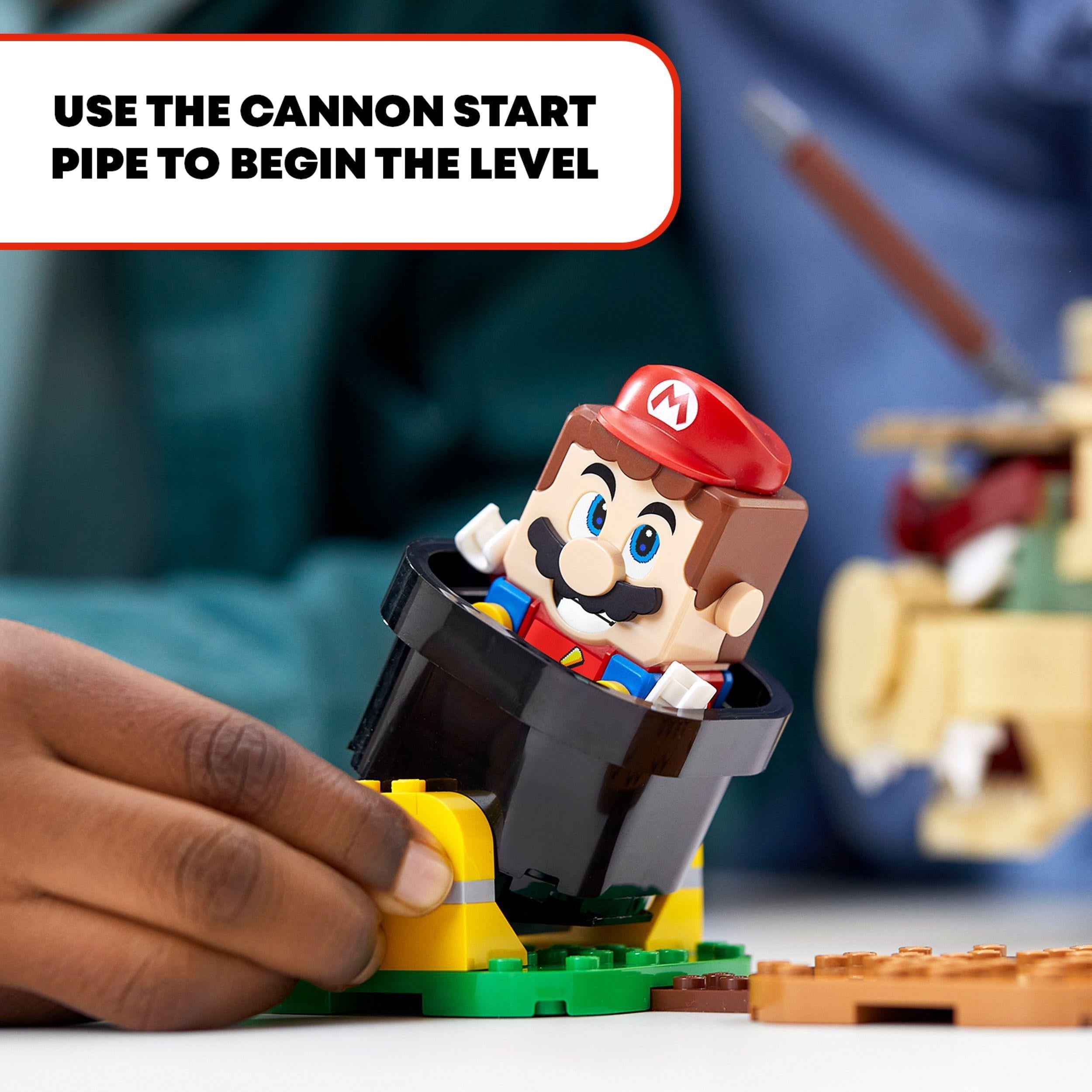 LEGO® Super Mario Bowser Airship Expansion Set showing Mario in cannon start pipe, ready for action.