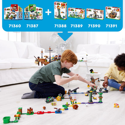 Kids engaging with LEGO® Super Mario sets, showcasing the fun of expansion sets 71360, 71387, 71388, 71389, 71390, and 71391.
