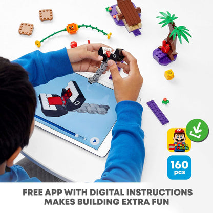 Child using a tablet with digital instructions to build LEGO® Super Mario Jungle Encounter Set 71381, featuring 160 pieces.