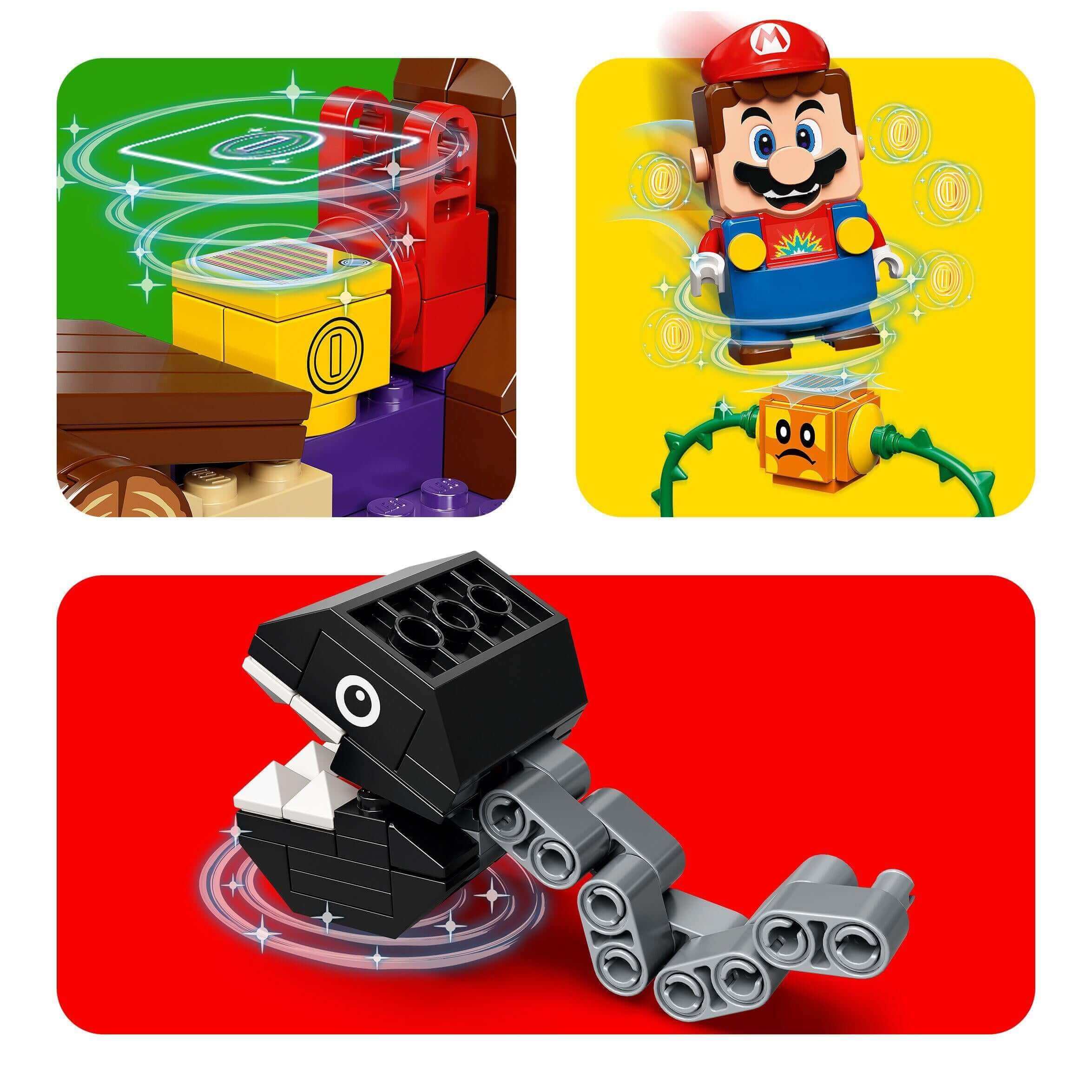 LEGO® Super Mario Jungle Encounter Expansion Set 71381 featuring Mario, collectible items, and a Chain Chomp character.