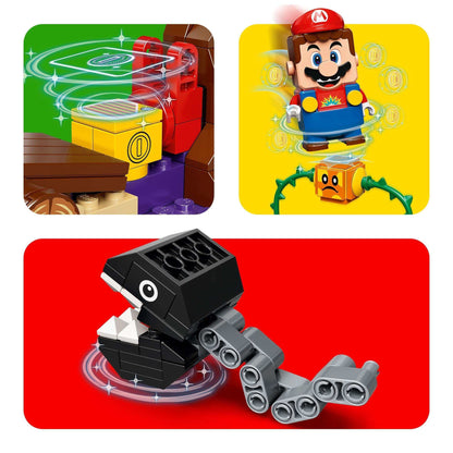 LEGO® Super Mario Jungle Encounter Expansion Set 71381 featuring Mario, collectible items, and a Chain Chomp character.