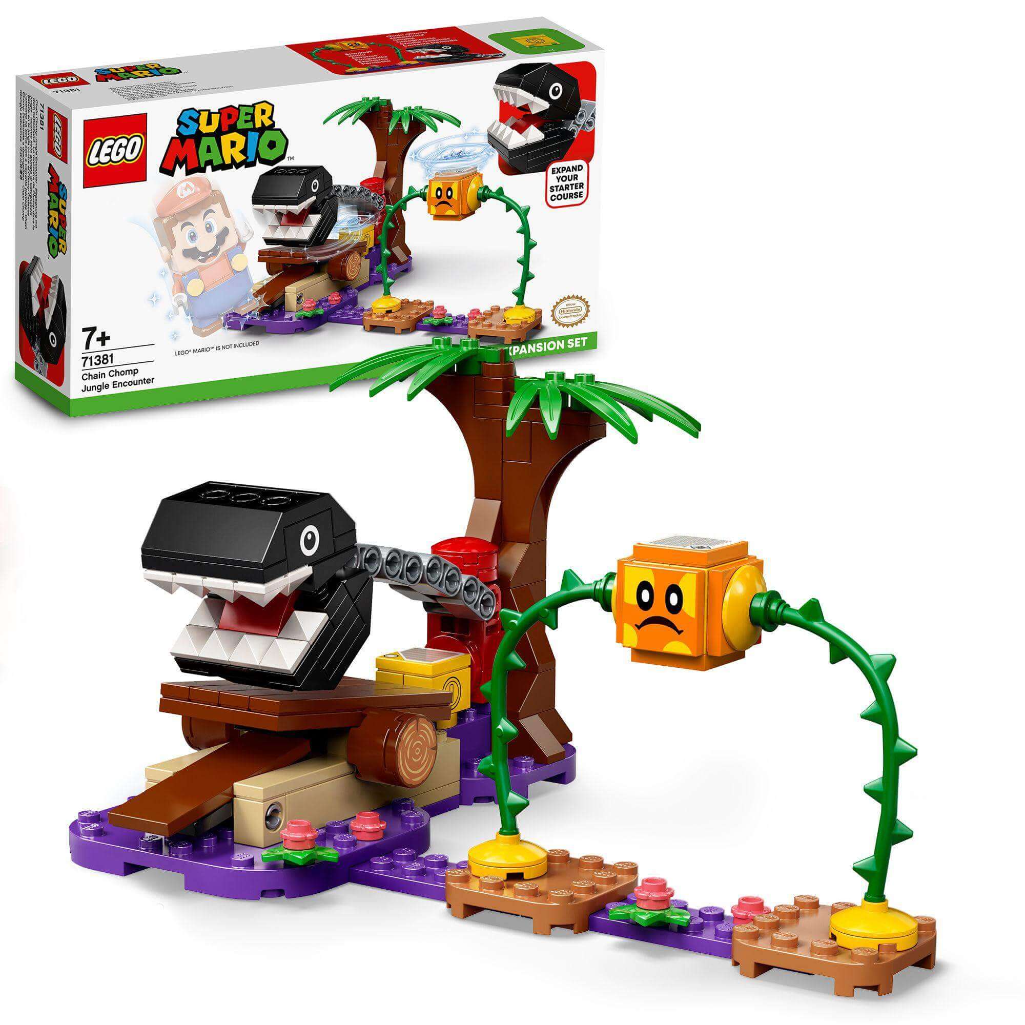 LEGO Super Mario Jungle Encounter Expansion Set 71381 featuring Chain Chomp challenge and Soda Jungle theme.