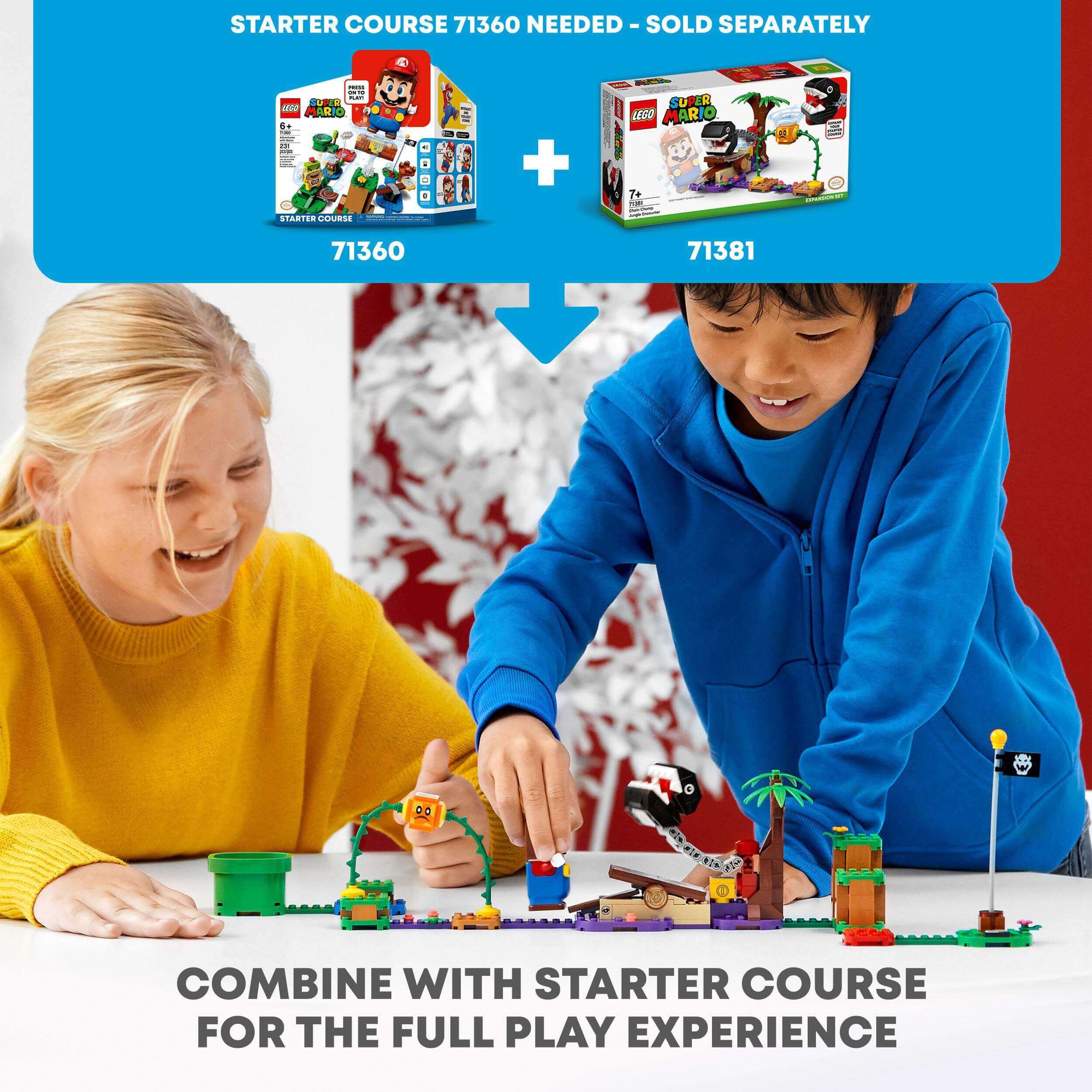 Kids enjoying LEGO® Super Mario Jungle Encounter Expansion Set 71381 with Starter Course 71360 for added fun.