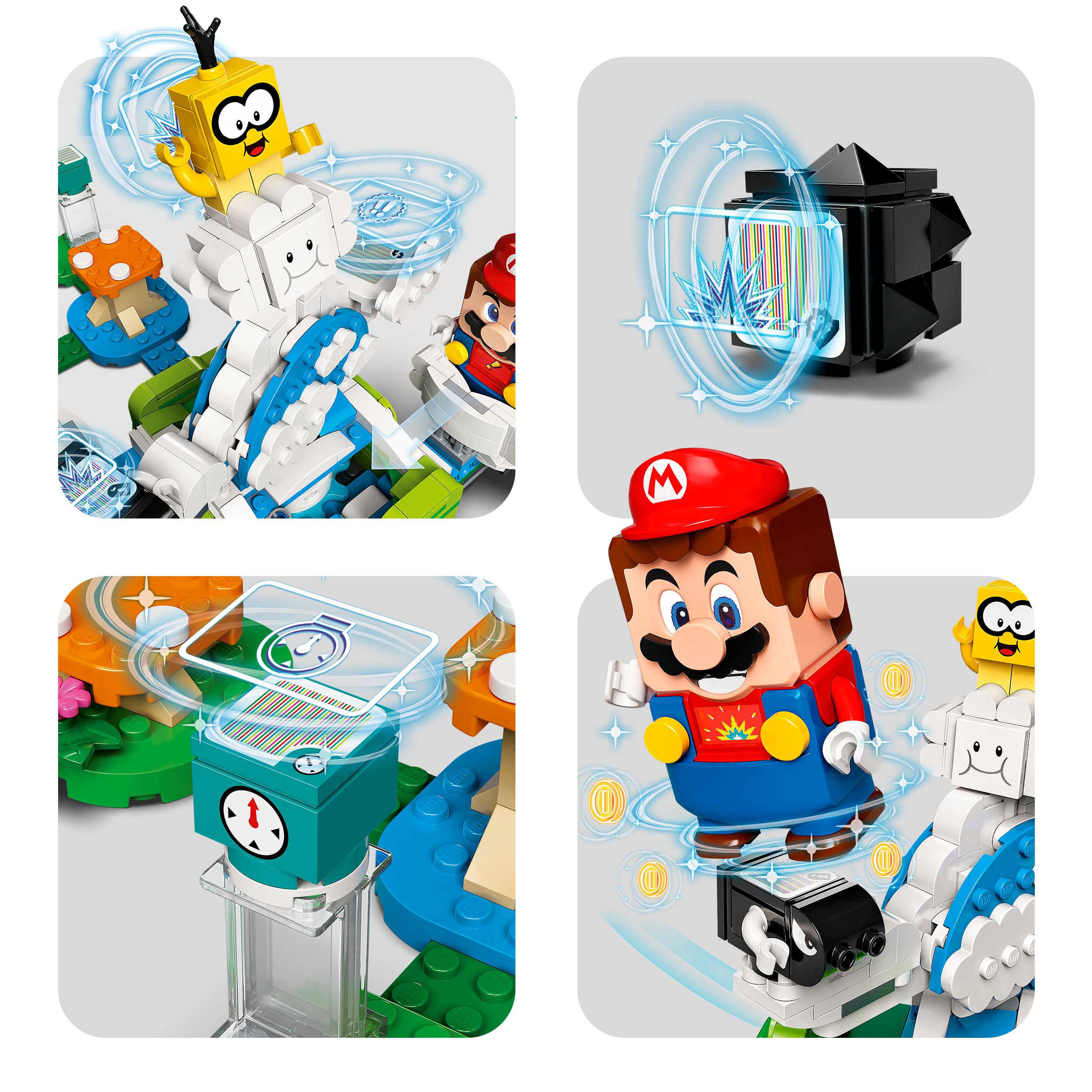 LEGO® Super Mario Lakitu Sky World Expansion Set 71389 featuring Mario battling Lakitu and allies with interactive elements.