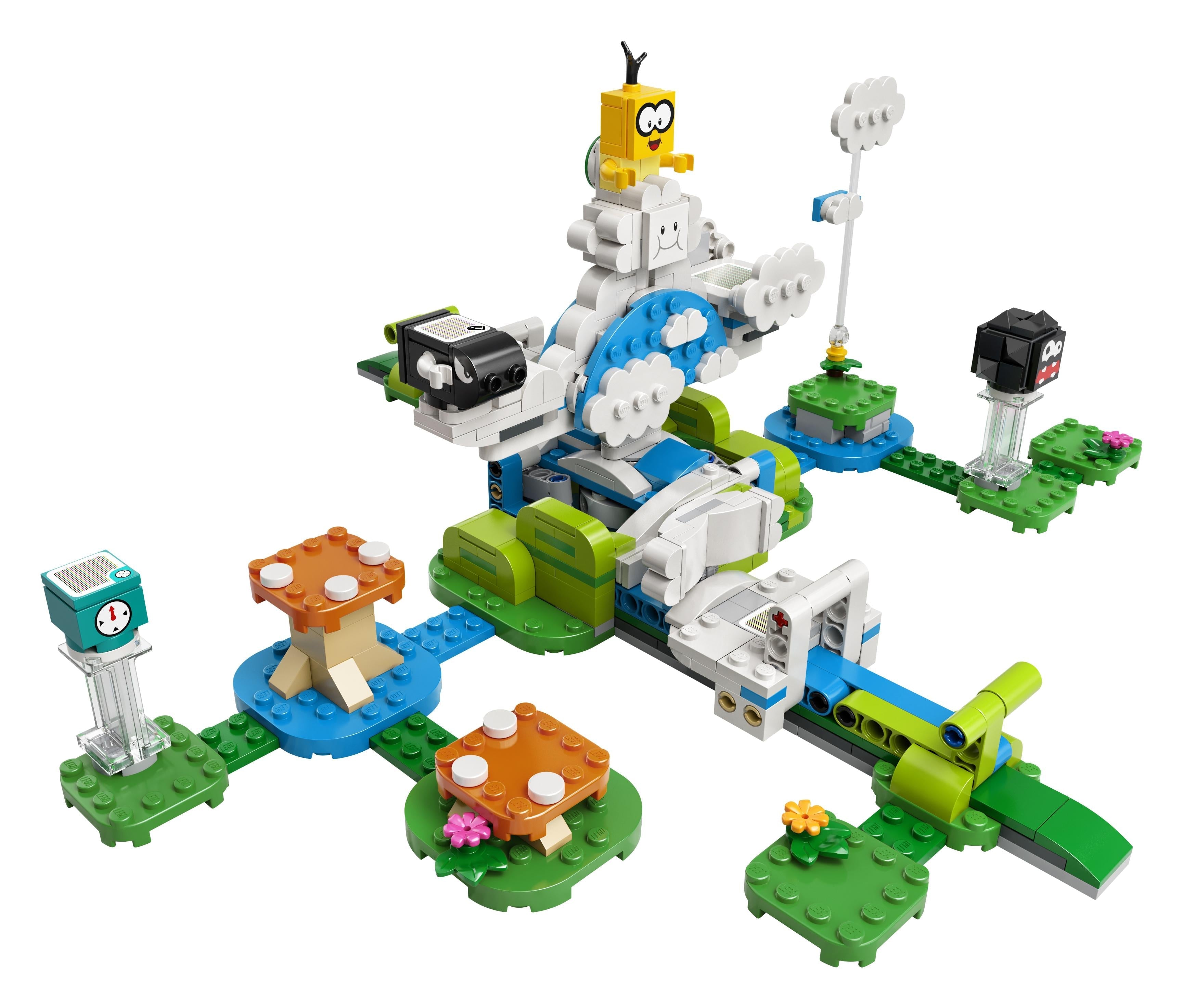 LEGO® Super Mario Lakitu Sky World Expansion Set 71389 with cloud-spinning battle features and vibrant greenery.