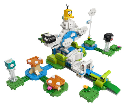 LEGO® Super Mario Lakitu Sky World Expansion Set 71389 with cloud-spinning battle features and vibrant greenery.