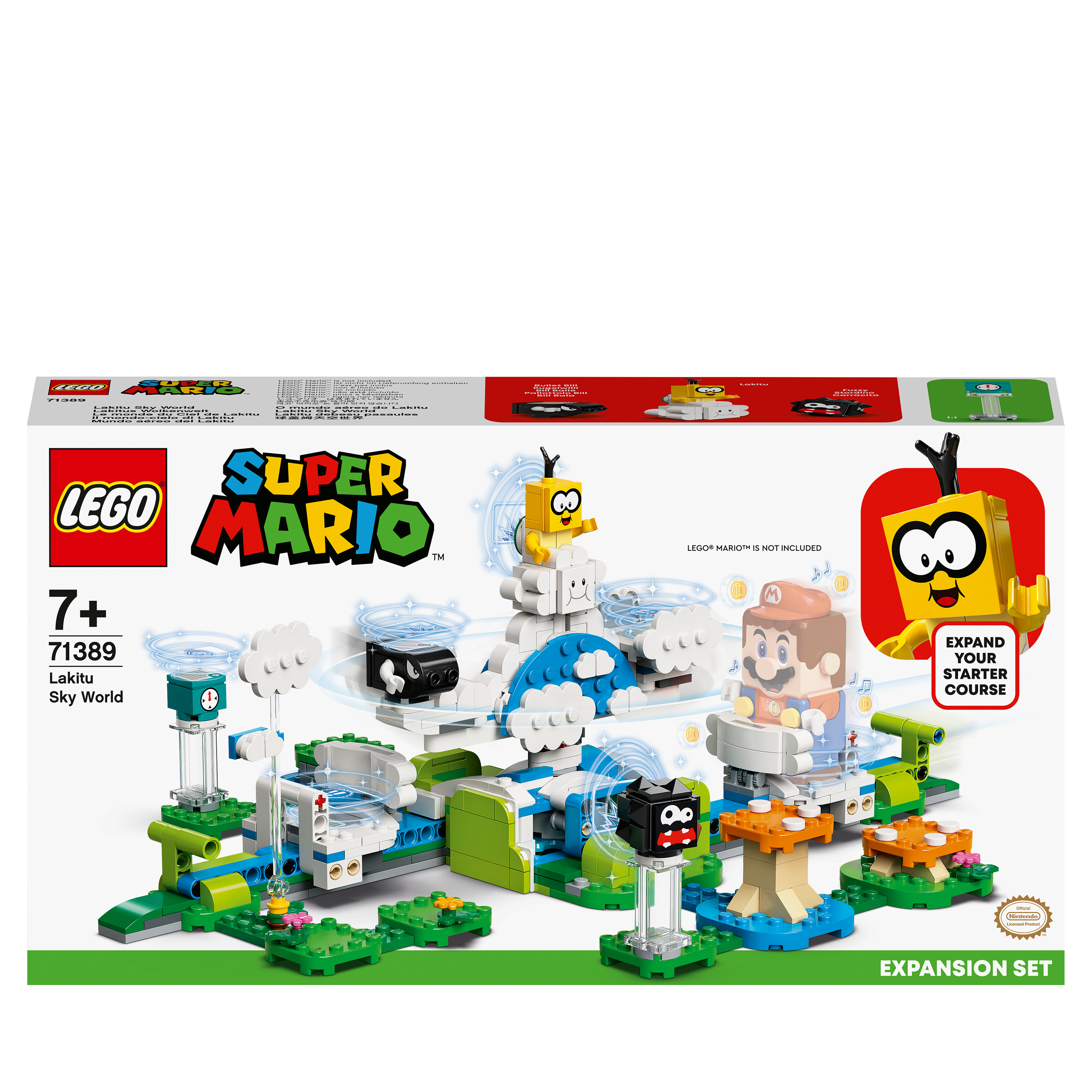 LEGO® Super Mario Lakitu Sky World Expansion Set 71389 featuring cloud battle, Fuzzy, and Bullet Bill for kids ages 7+