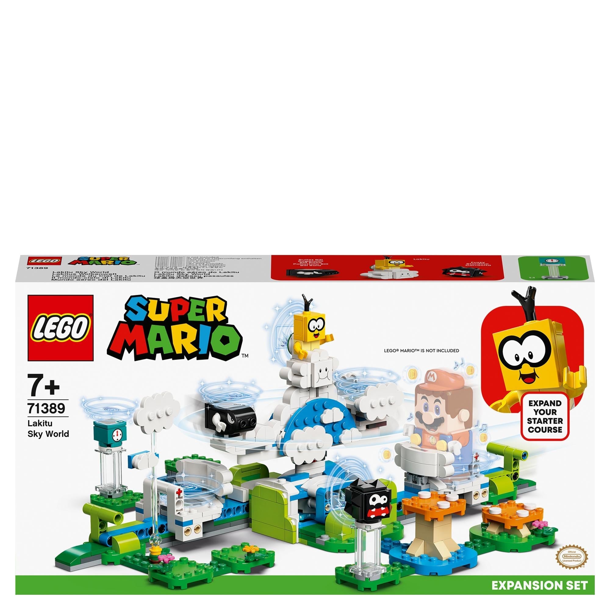 LEGO Super Mario Lakitu Sky World Expansion Set 71389 featuring cloud-spinning battle with Lakitu, Bullet Bill, and Fuzzy.