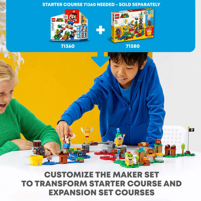 Kids customizing the LEGO® Super Mario Master Adventure Maker Set 71380 with Starter Course 71360 for creative play.
