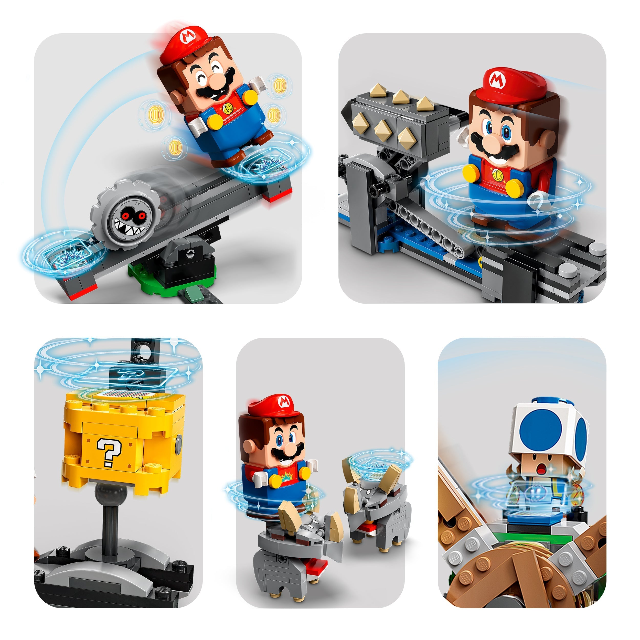 LEGO® Super Mario characters in action: Mario spinning on a Grrrol, Toad, and a question block in the Reznor Knockdown Expansion Set.