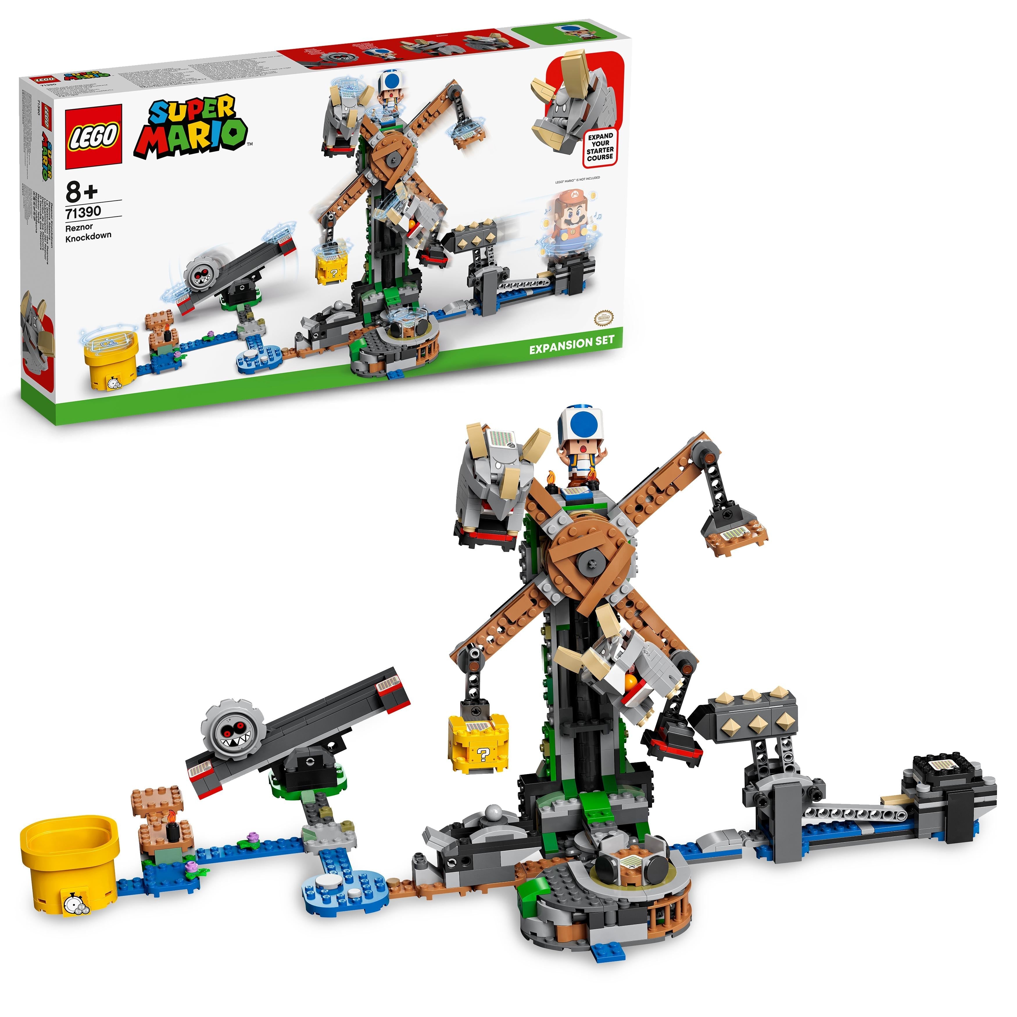 LEGO Super Mario Reznor Knockdown Expansion Set 71390, featuring Reznor challenges and Grrrol seesaw, ideal for kids 8+.