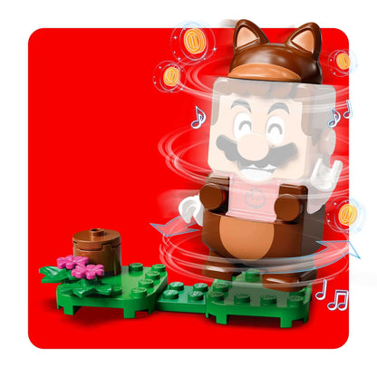 LEGO Super Mario Tanooki Mario Power-Up Pack 71385 with spinning Mario figure and colorful blocks.