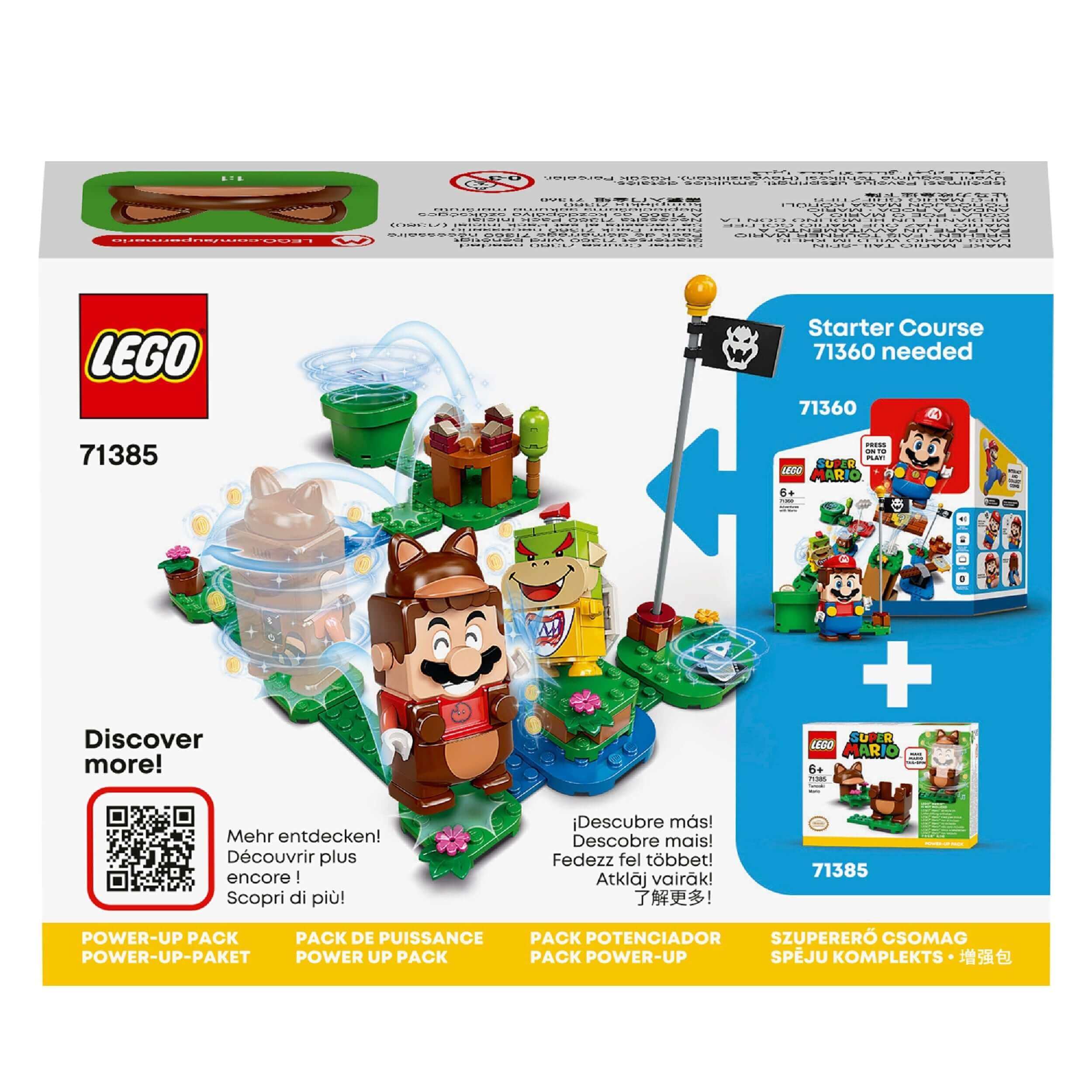LEGO Super Mario Tanooki Mario Power-Up Pack 71385 box with interactive figure, features, and gaming instructions.