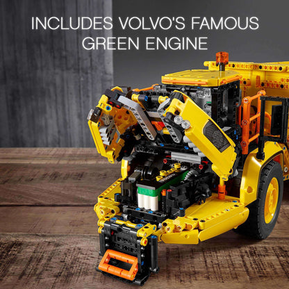 LEGO Technic 6x6 Volvo articulated hauler displaying Volvo's iconic green engine, perfect for kids' creative play.
