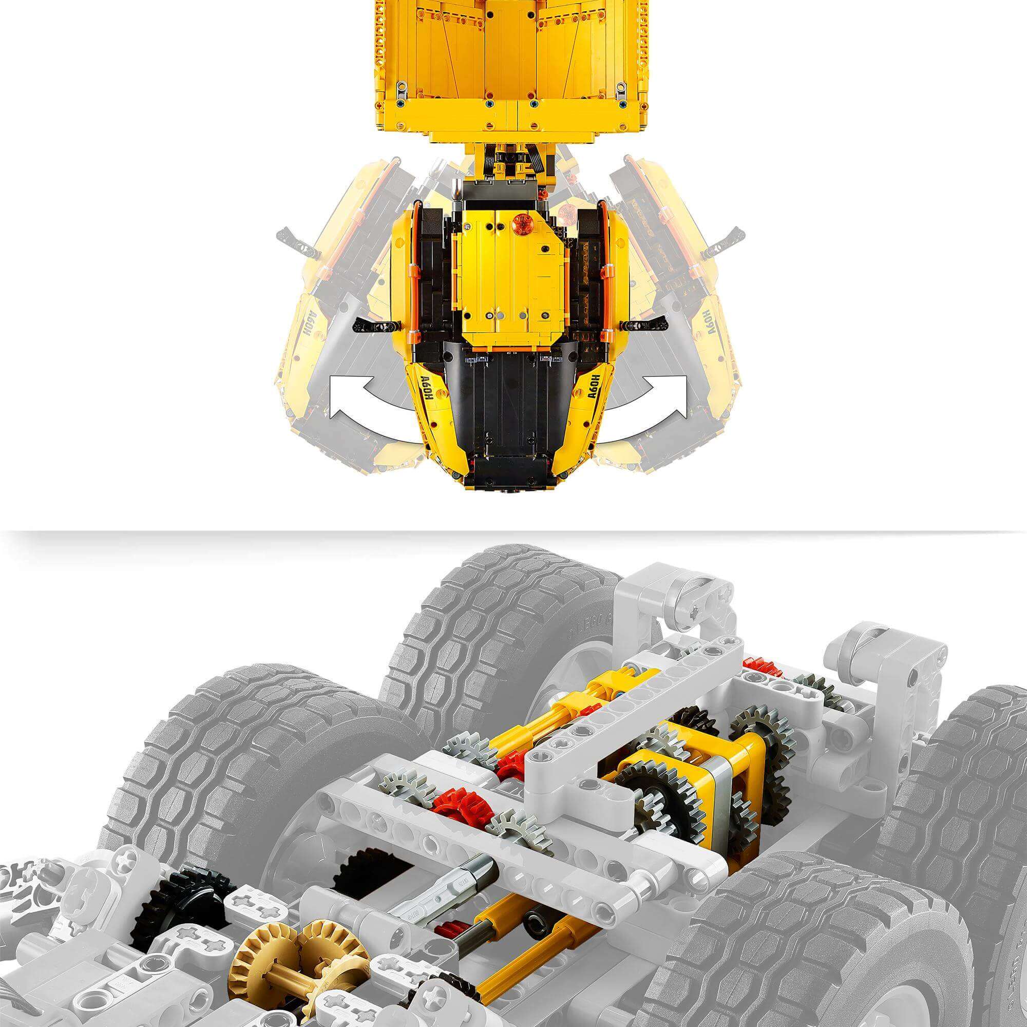 LEGO® Technic 6x6 Volvo Articulated Hauler Truck 42114 showing articulated design and internal mechanism for kids' creative play.