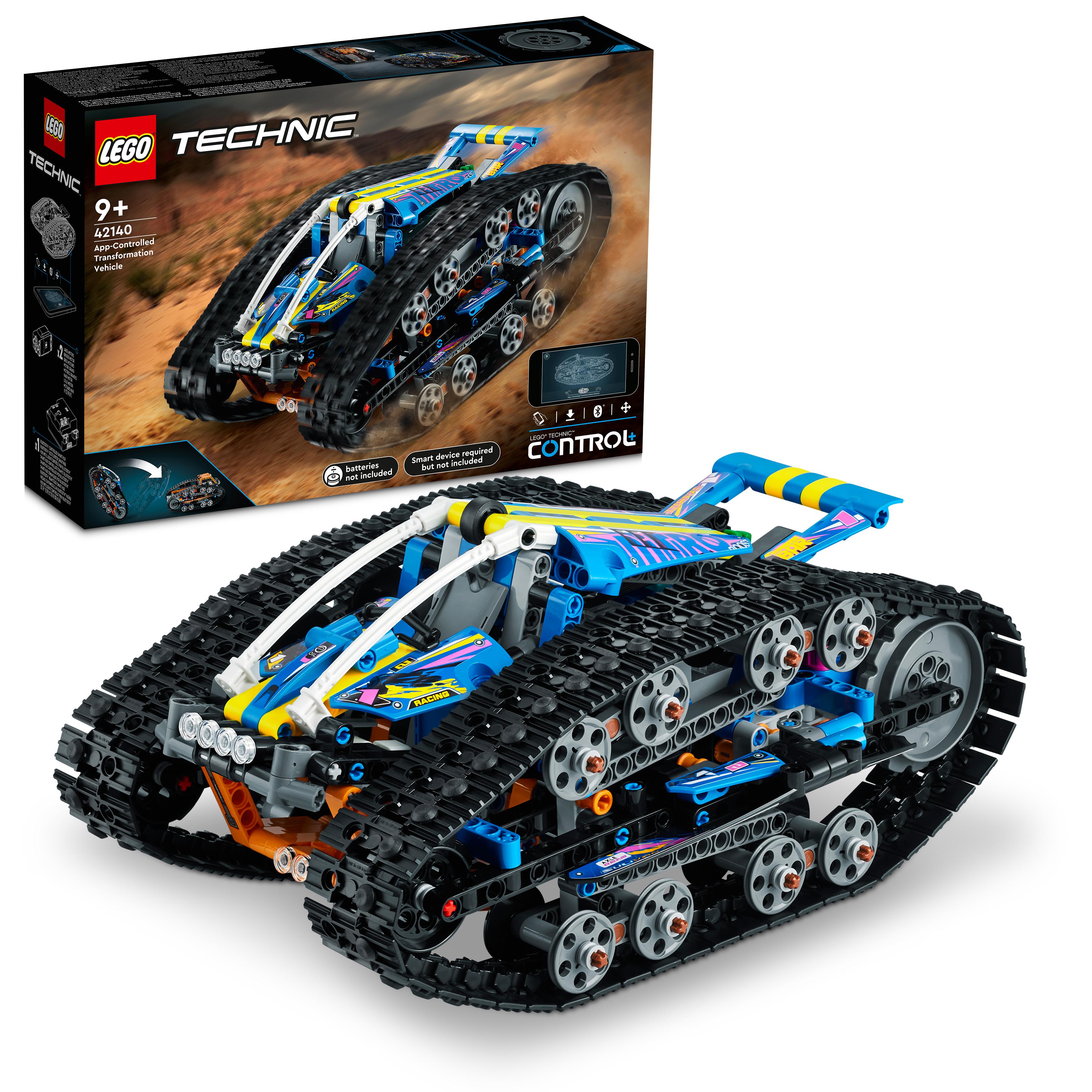 LEGO Technic App-Controlled Transformation Vehicle 42140 in action with box, showcasing its dual vehicle transformation.