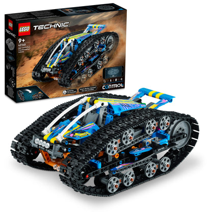 LEGO Technic App-Controlled Transformation Vehicle 42140 in action with box, showcasing its dual vehicle transformation.