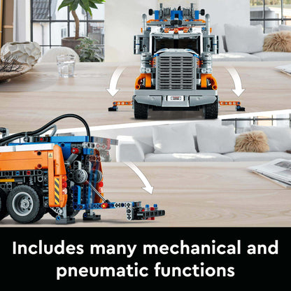 LEGO® Technic Heavy-Duty Tow Truck 42128 displaying mechanical and pneumatic functions in a modern living room.