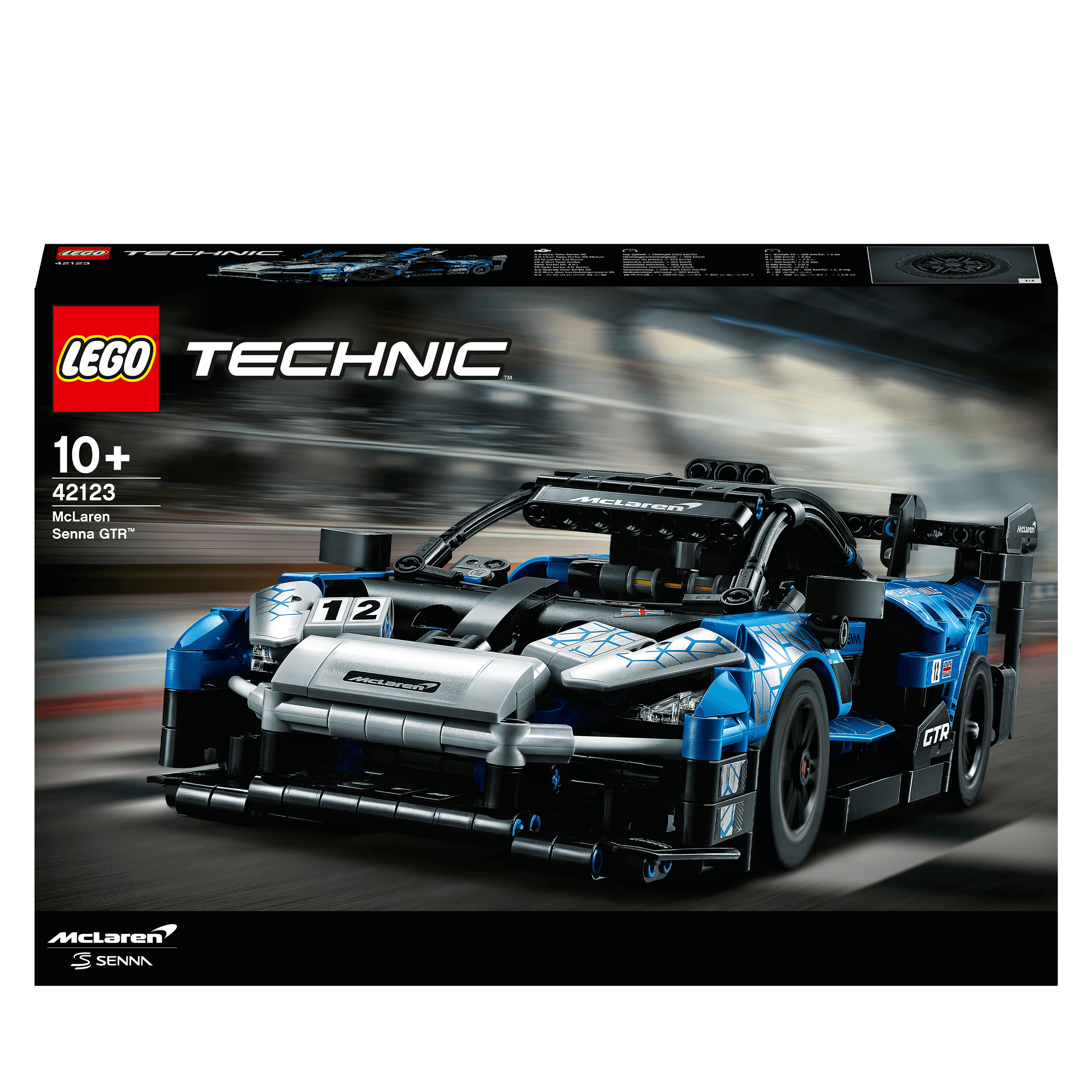 LEGO Technic McLaren Senna GTR Toy Sports Car 42123 packaging with vibrant graphics and intricate details.