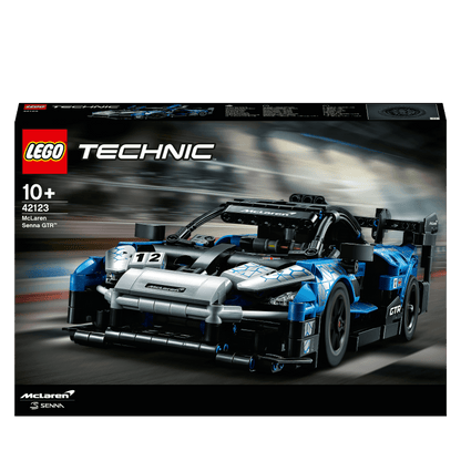 LEGO Technic McLaren Senna GTR Toy Sports Car 42123 packaging with vibrant graphics and intricate details.