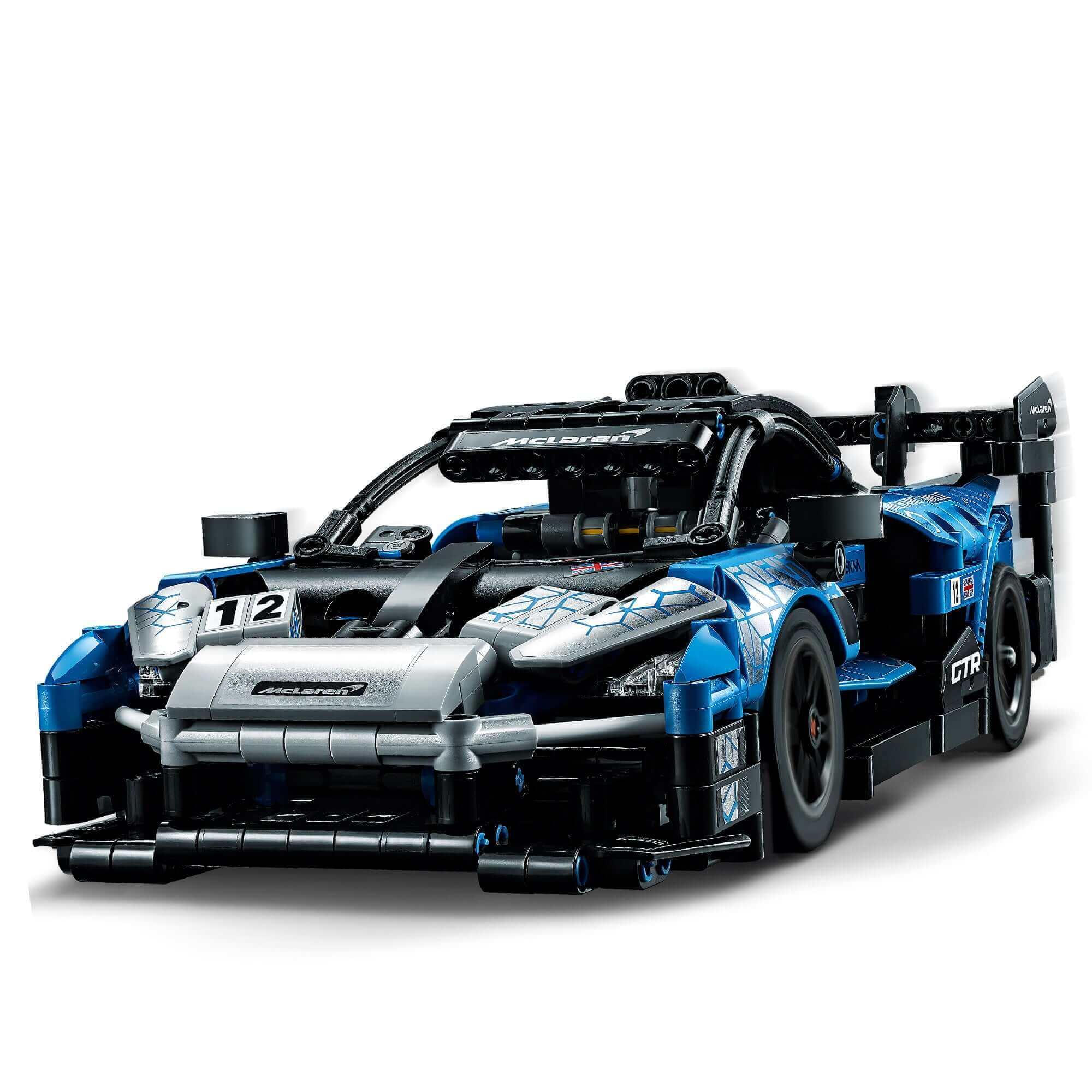 LEGO Technic McLaren Senna GTR toy sports car model showcasing intricate details and a sleek design.