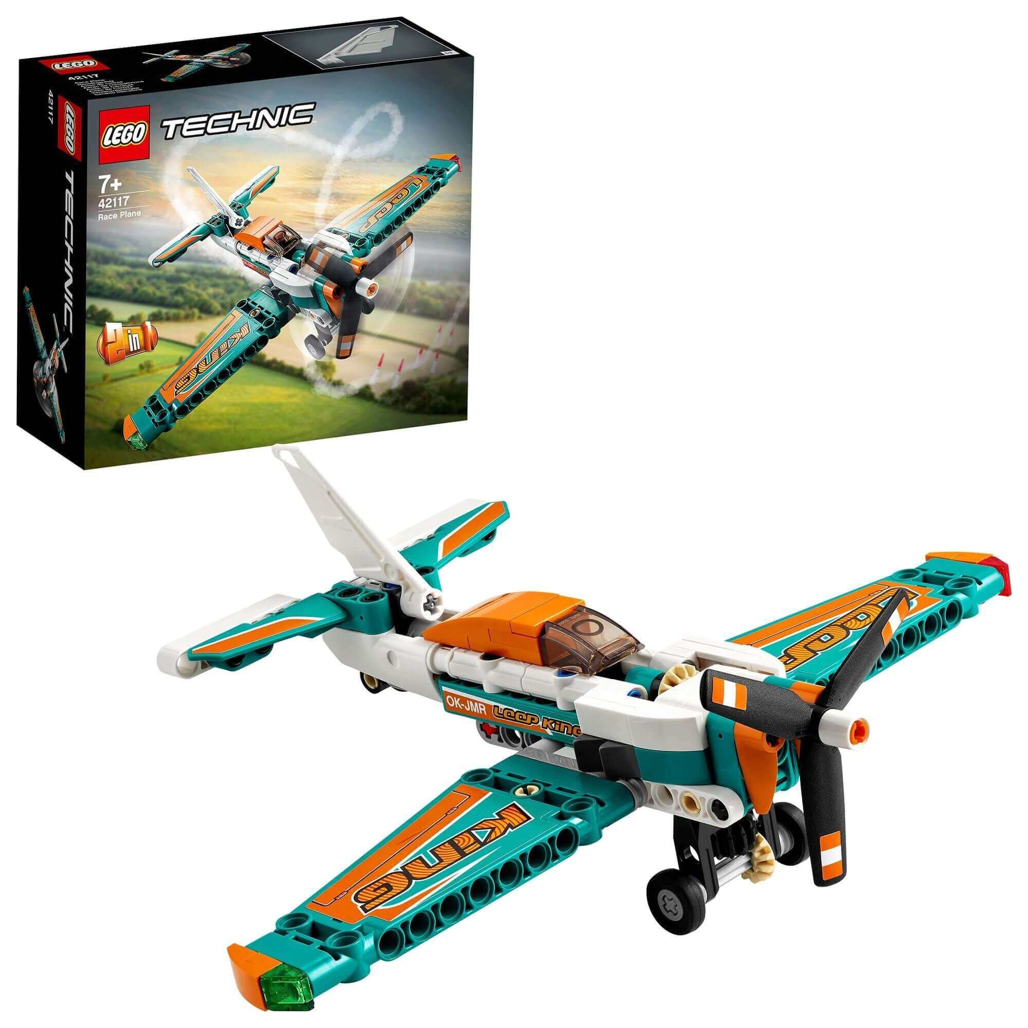 LEGO Technic Race Plane Jet 42117 model with spinning propeller and packaging, perfect for kids' creative play.
