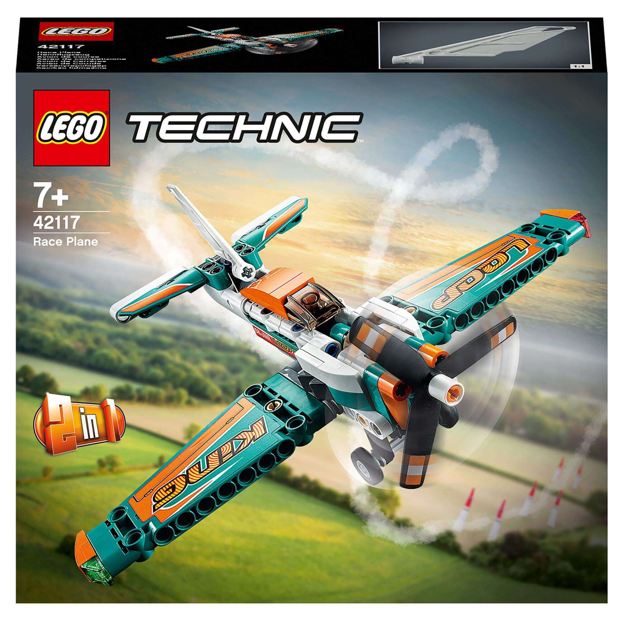 LEGO Technic Race Plane 42117 box showcasing the 2-in-1 toy with spinning propeller for kids aged 7 and up.