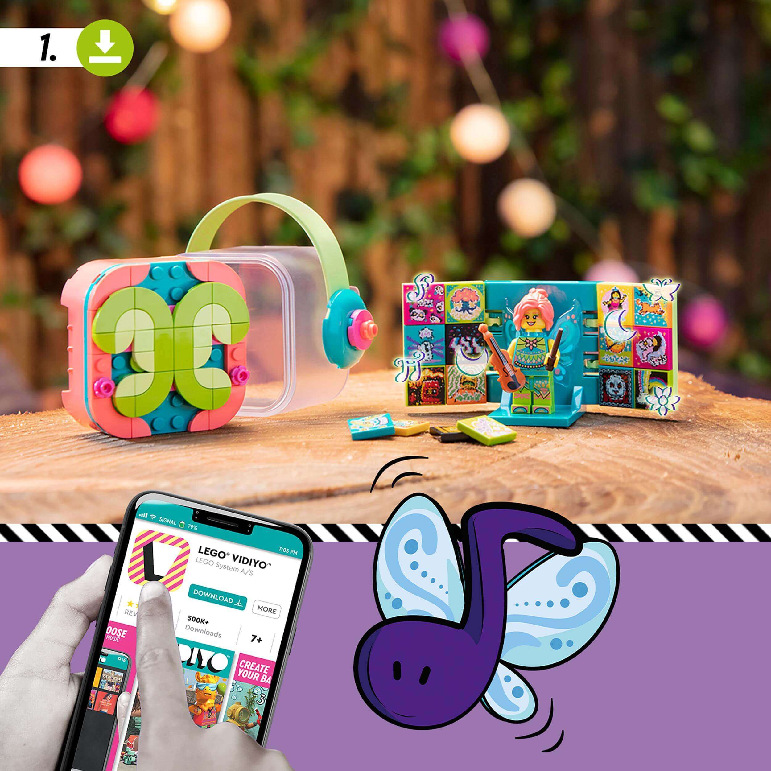 LEGO VIDIYO Folk Fairy BeatBox set with colorful pieces for music video creation, displayed with a smartphone app.