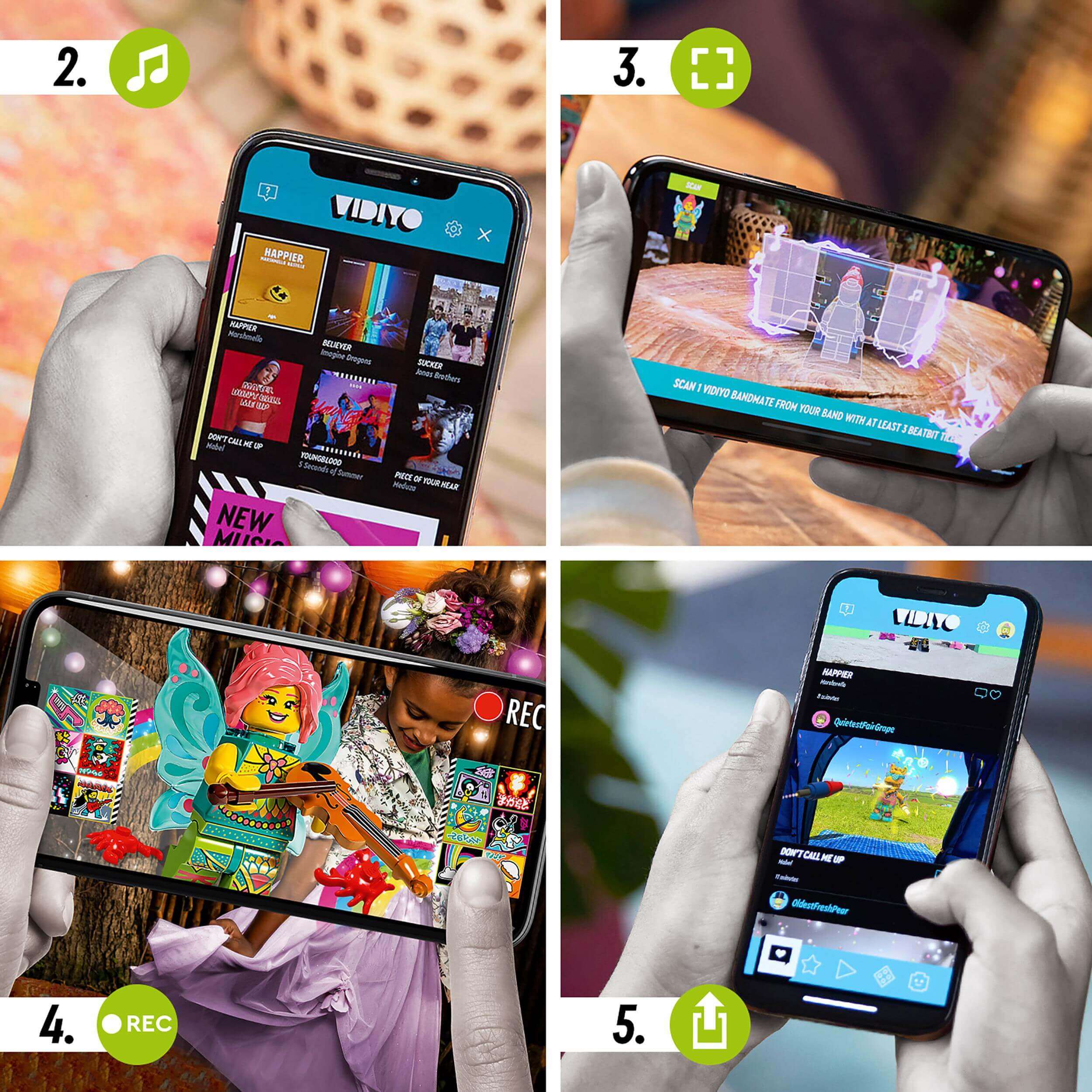 Kids using the LEGO® VIDIYO app to create music videos with the Folk Fairy BeatBox set, showcasing fun features.