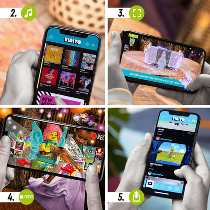 Kids using the LEGO® VIDIYO app to create music videos with the Folk Fairy BeatBox set, showcasing fun features.