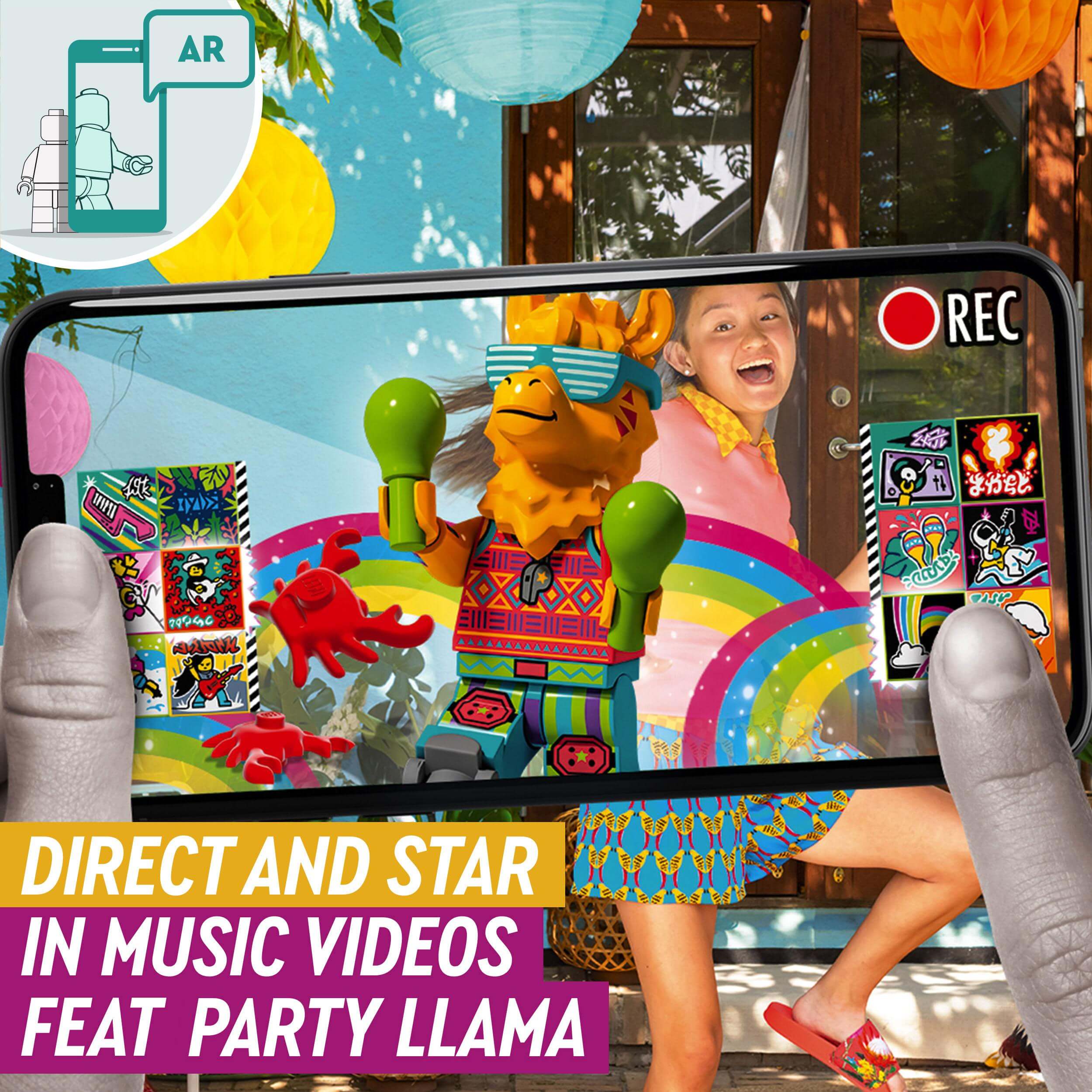 Child directing music videos with LEGO VIDIYO Party Llama in augmented reality, featuring colorful decorations.