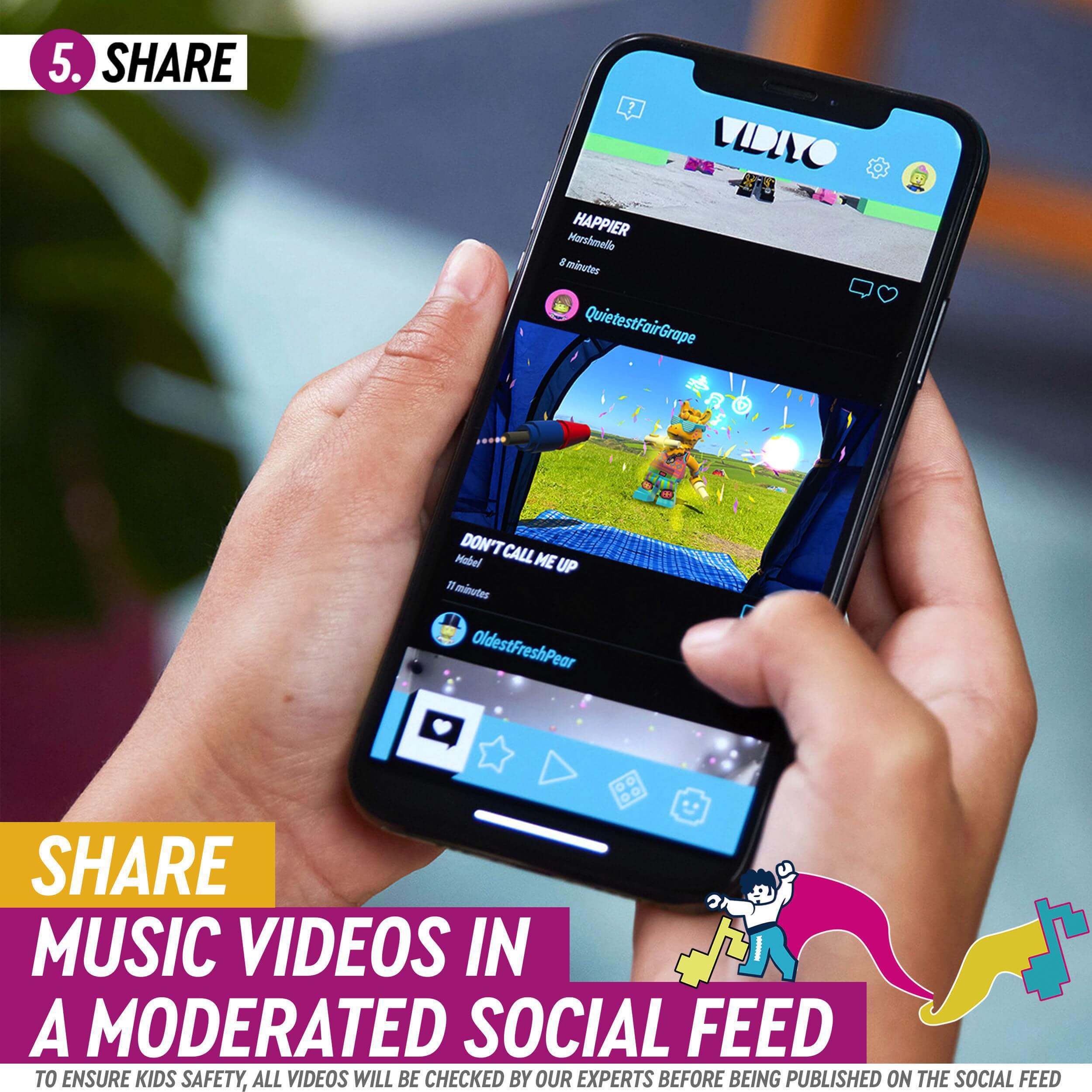 Child holding smartphone with LEGO VIDIYO app, sharing music videos in a safe moderated feed.