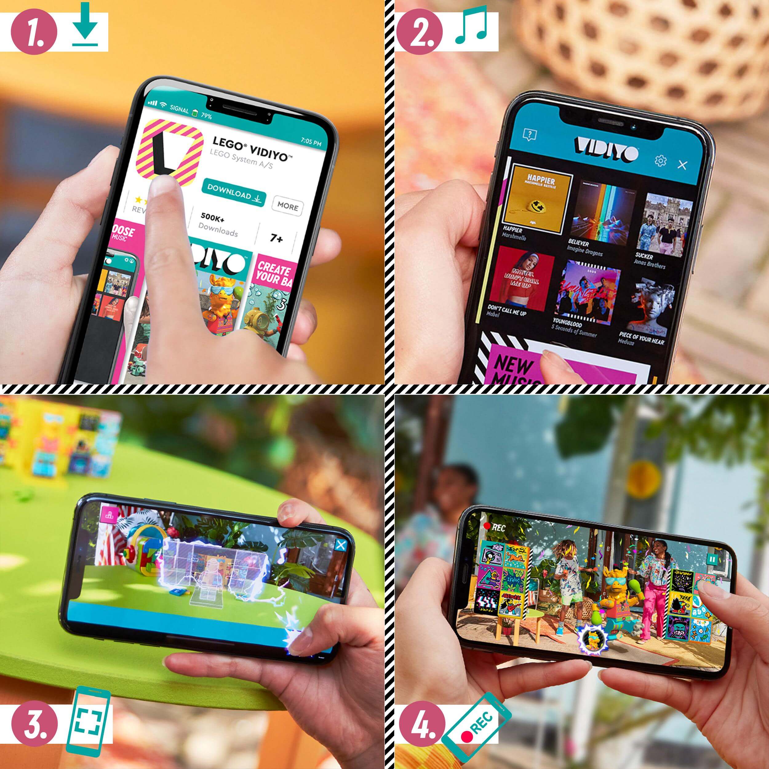 Children using LEGO® VIDIYO™ app to create music videos with the Party Llama BeatBox set features on their phones.