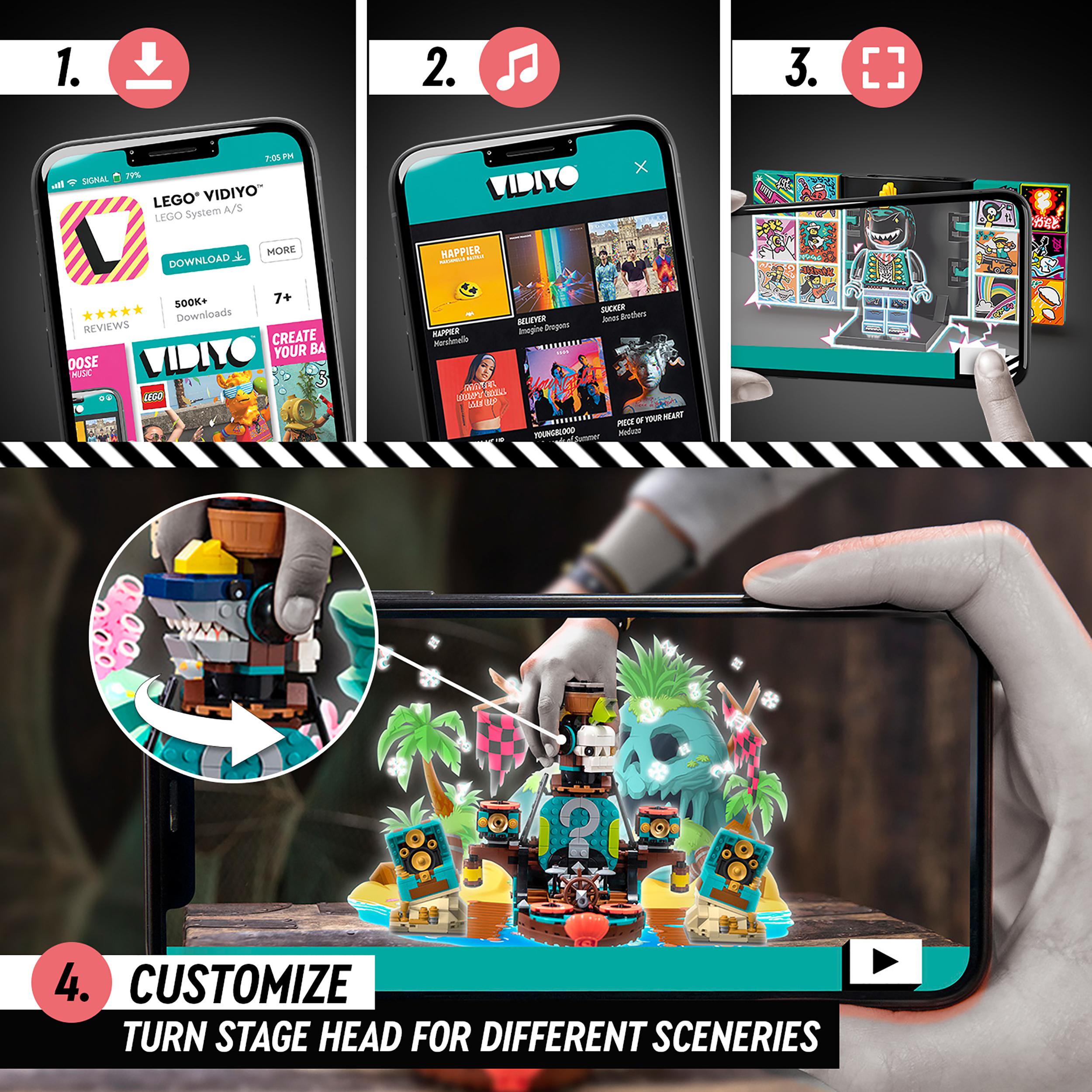 User customizing the LEGO® VIDIYO Punk Pirate Ship BeatBox set in the app for unique music video scenes.